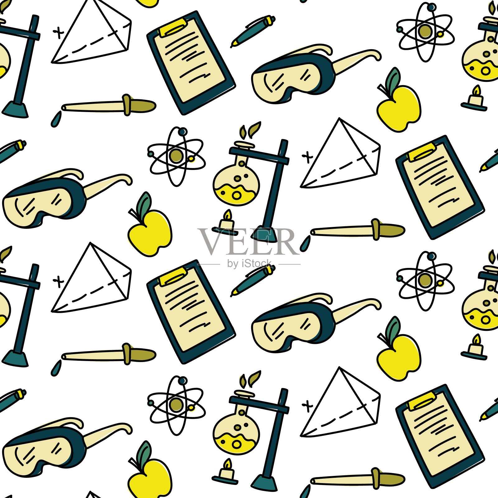 科学图案在涂鸦风格与颜色。科学在色彩上的质感。苹果,眼镜,笔记,笔,实验,烧瓶,白底移液管插画图片素材