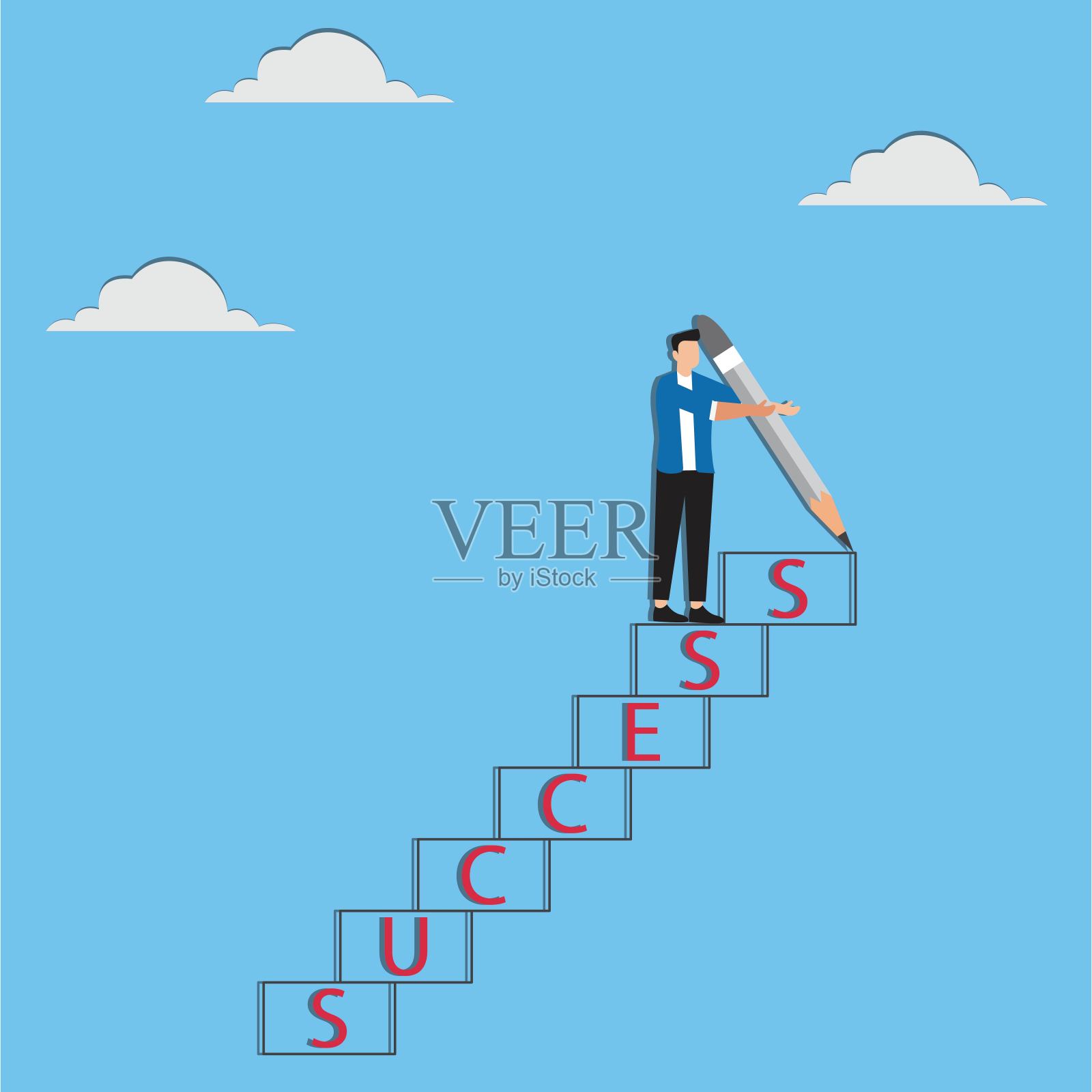 商人手里拿着巨大的铅笔建造成功的楼梯插画图片素材