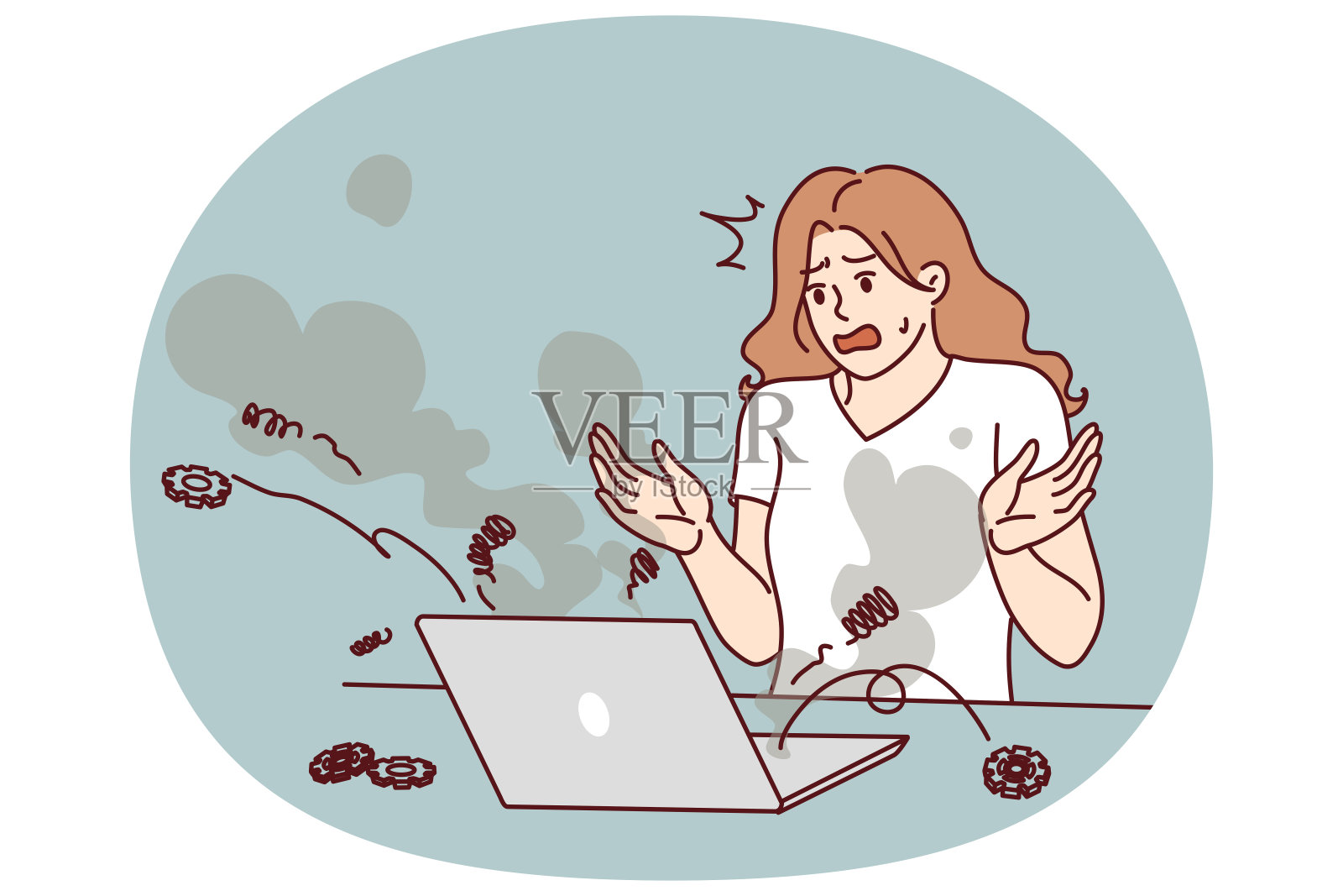 紧张的女人站在爆炸的笔记本电脑旁边,恐惧地尖叫着需要电脑向导的帮助插画图片素材