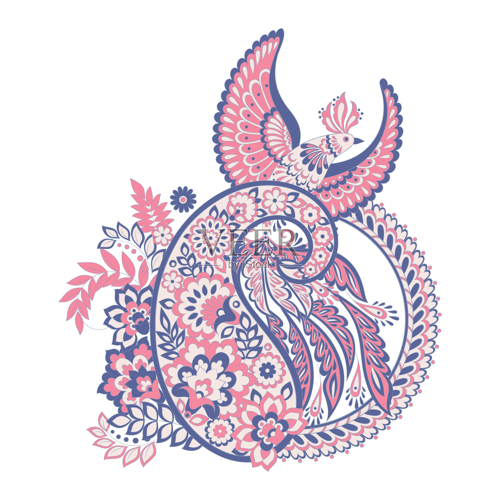 飞禽图案的佩斯利矢量。锦缎风格复古插图插画图片素材