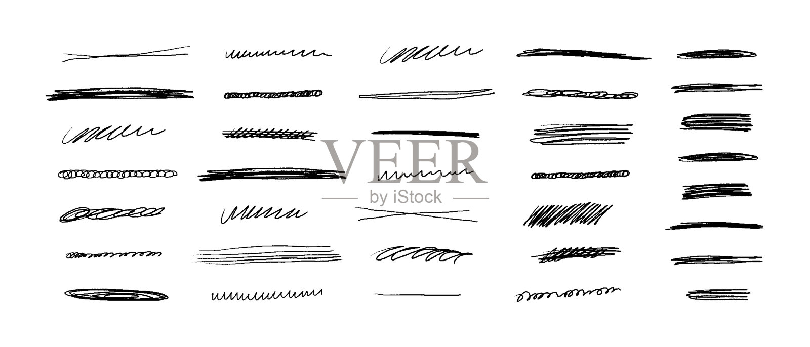 手绘集钢笔、铅笔、炭笔等简单元素。涂鸦设置不同的椭圆形,线条,箭头,亮点和形状在垃圾风格。插画图片素材