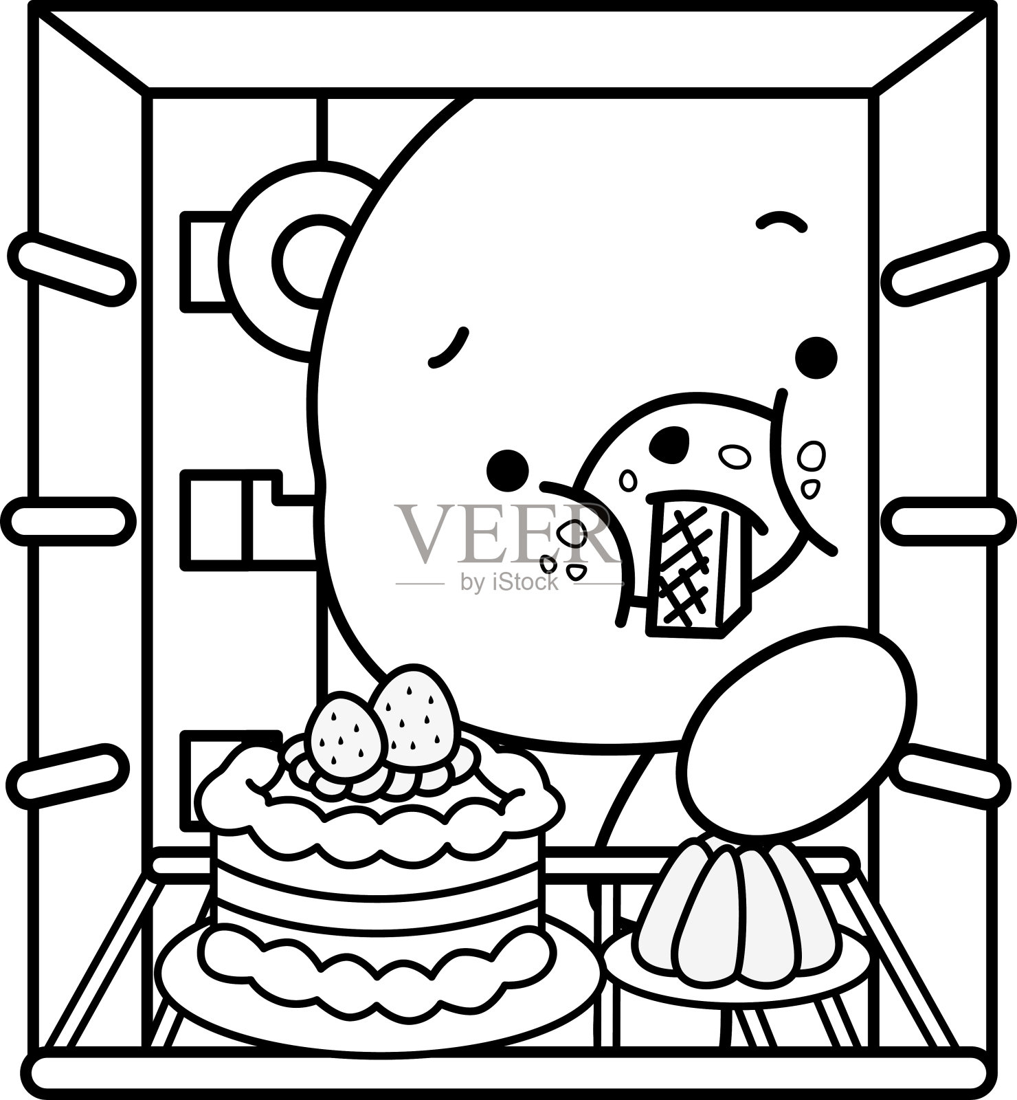 一只熊在冰箱里窥视,寻找黑色和白色的食物插画图片素材