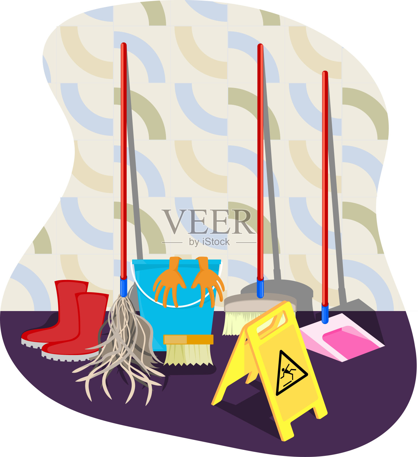 清洁用品和设备-胶靴,水桶,扫帚,拖把,湿地叹息插画图片素材