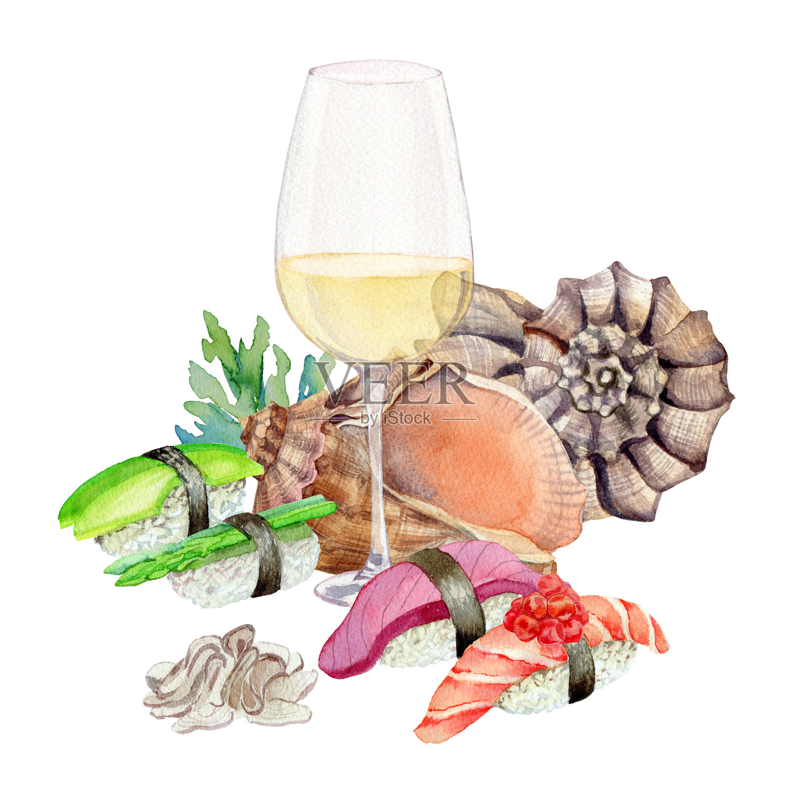 三文鱼和虾寿司,芦笋和姜,海鲜,一杯白葡萄酒或清酒,用水彩画,为餐厅菜单和鱼店设计插画图片素材