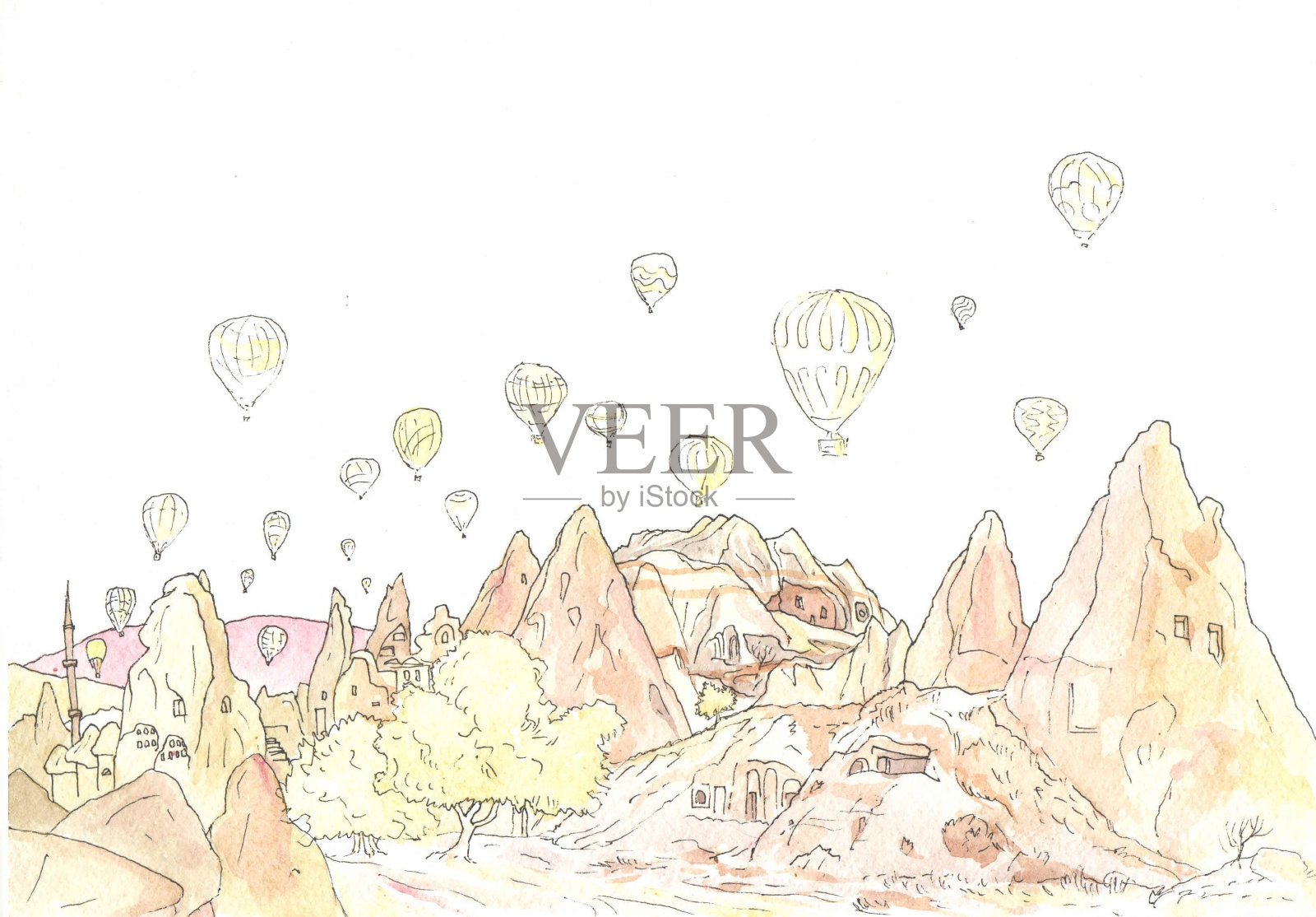 卡帕多西亚气球山图案线性黑色墨水插画图片素材