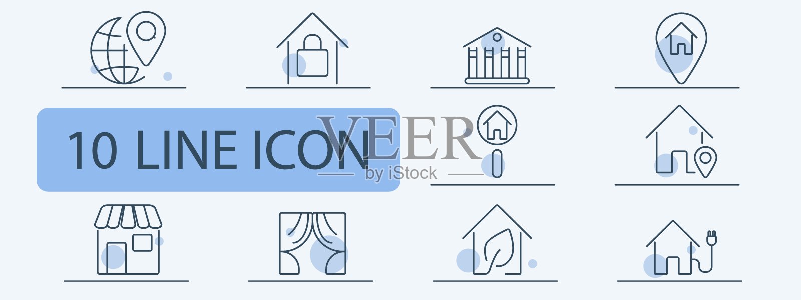 属性和位置线图标集。带别针的地球仪,带锁的房子,法院,家庭别针,店面,窗帘,房屋叶子,环保家居,智能家居。房地产,环境,技术插画图片素材