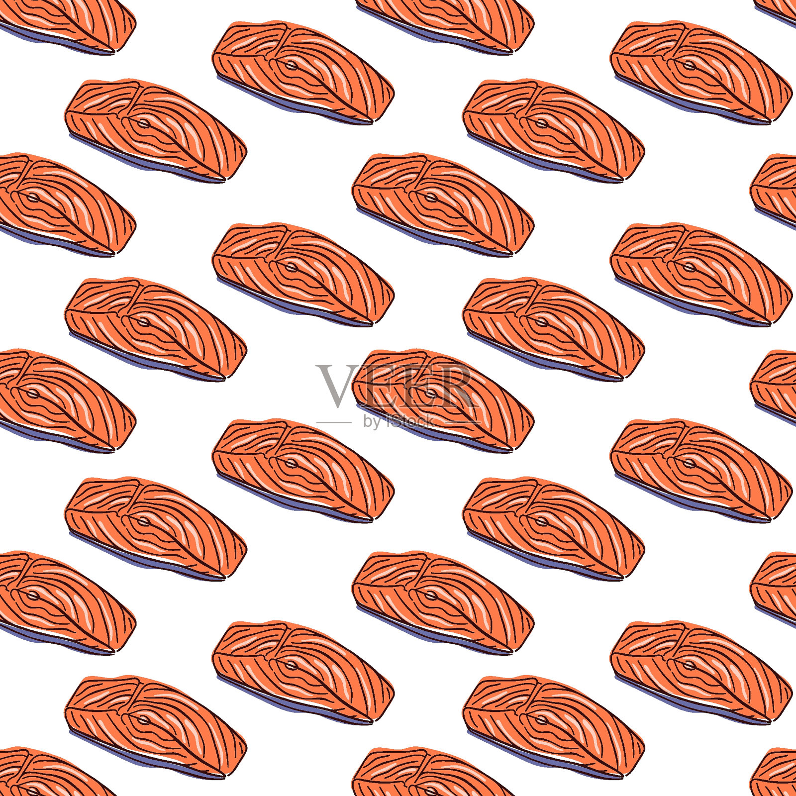 无缝鲑鱼图案在平面风格。一块红色的鱼。用于墙纸、纺织品、包装、菜单的食品设计。矢量插图在一个白色的背景。插画图片素材