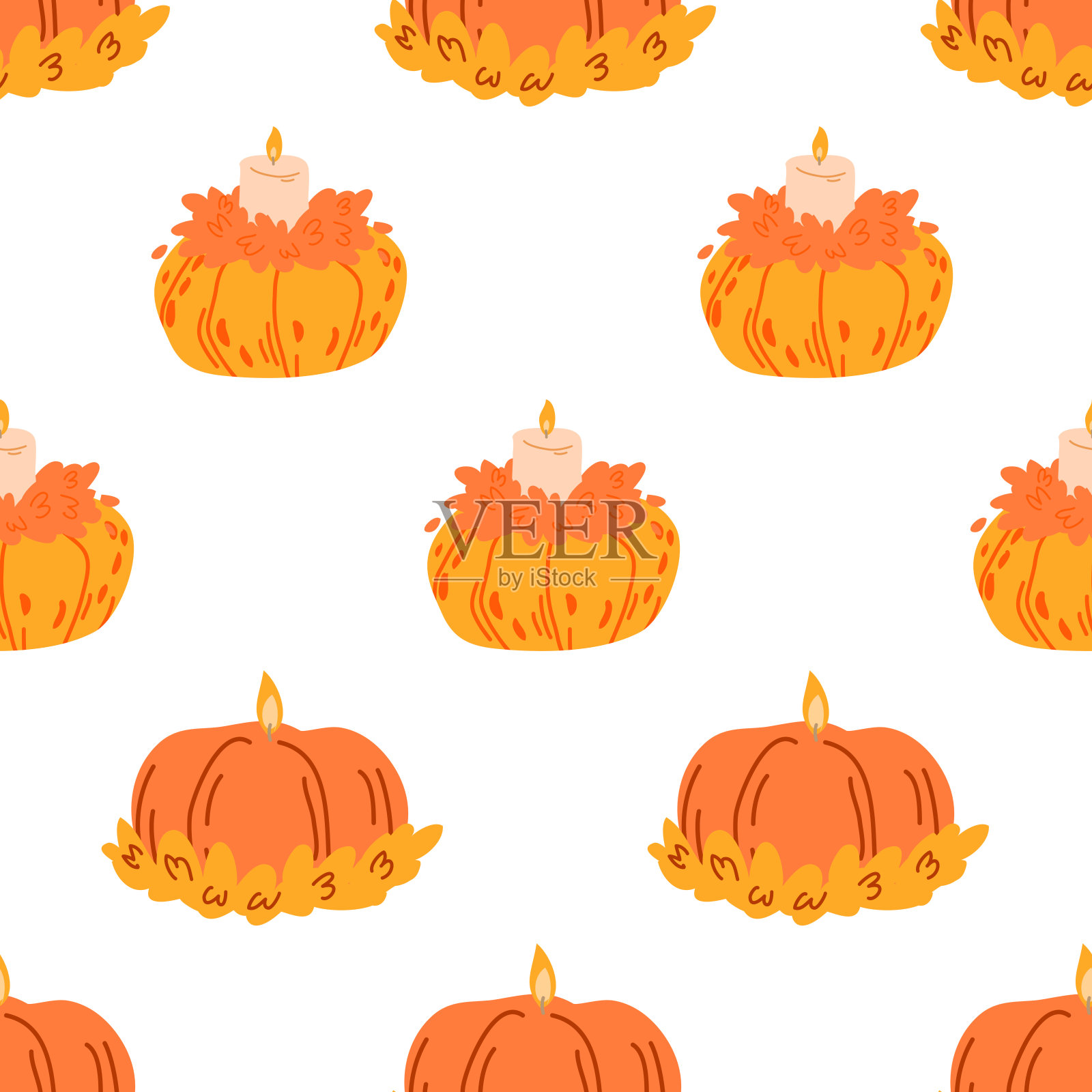 南瓜与蜡烛无缝图案。白色背景上的彩色南瓜。插画图片素材