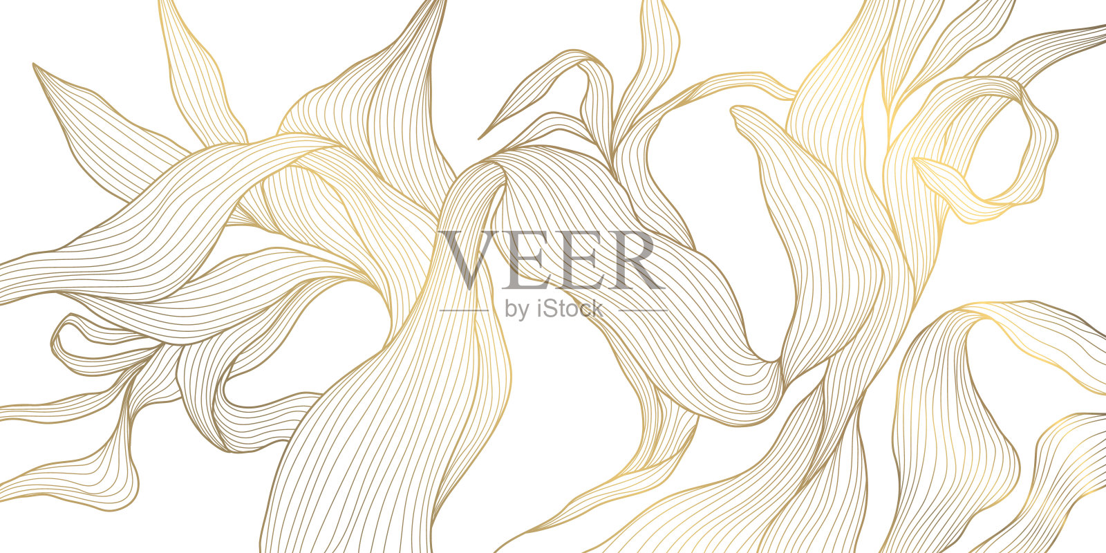 矢量金箔图案。花卉豪华壁纸,装饰艺术植物插图。棕榈热带装饰,优质异国情调线横幅,日本优雅的边框插画图片素材