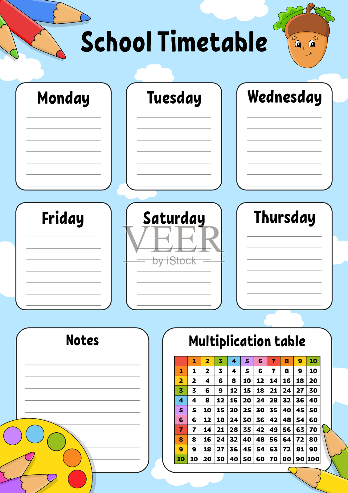 学校的时间表。为了孩子的教育。孤立的彩色背景。有一个可爱的卡通人物。矢量插图。插画图片素材