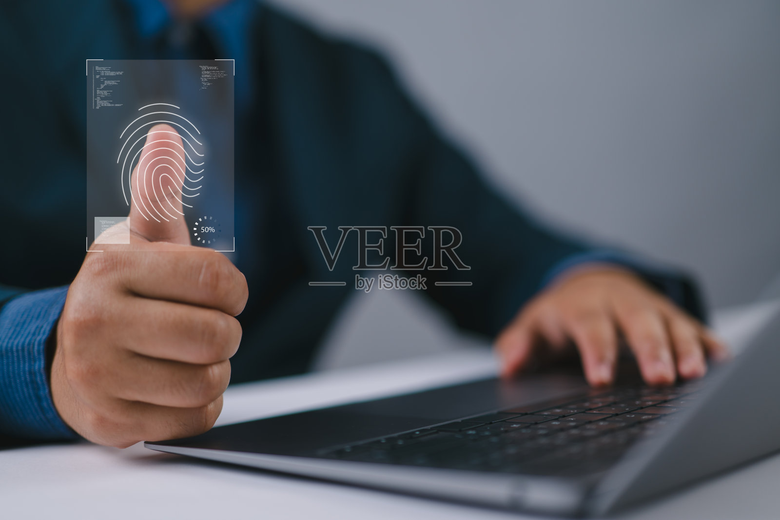 生物识别网络安全系统和访问控制概念。商人访问安全个人财务数据扫描指纹识别。照片摄影图片