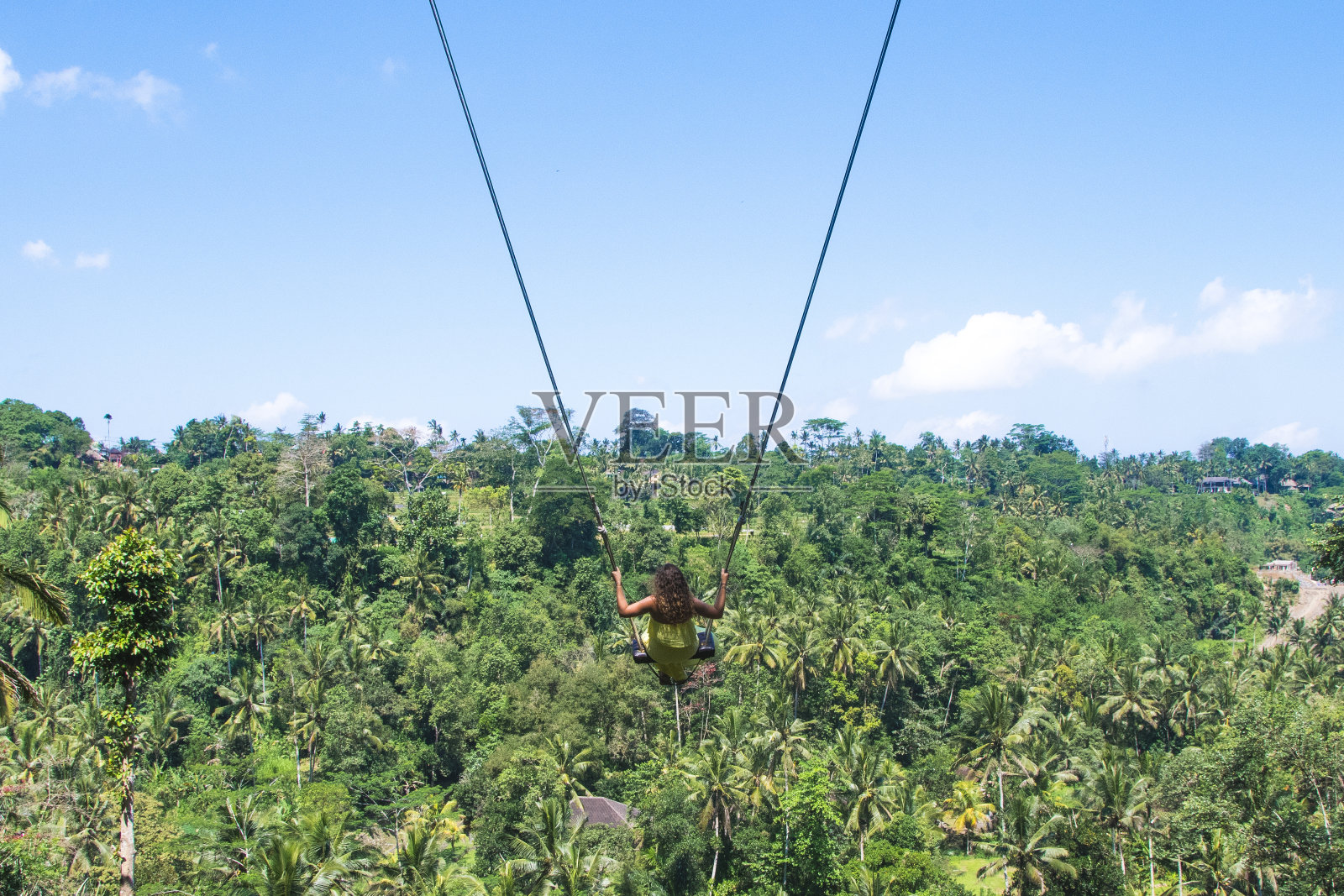 女人在树上荡秋千,对着天空照片摄影图片