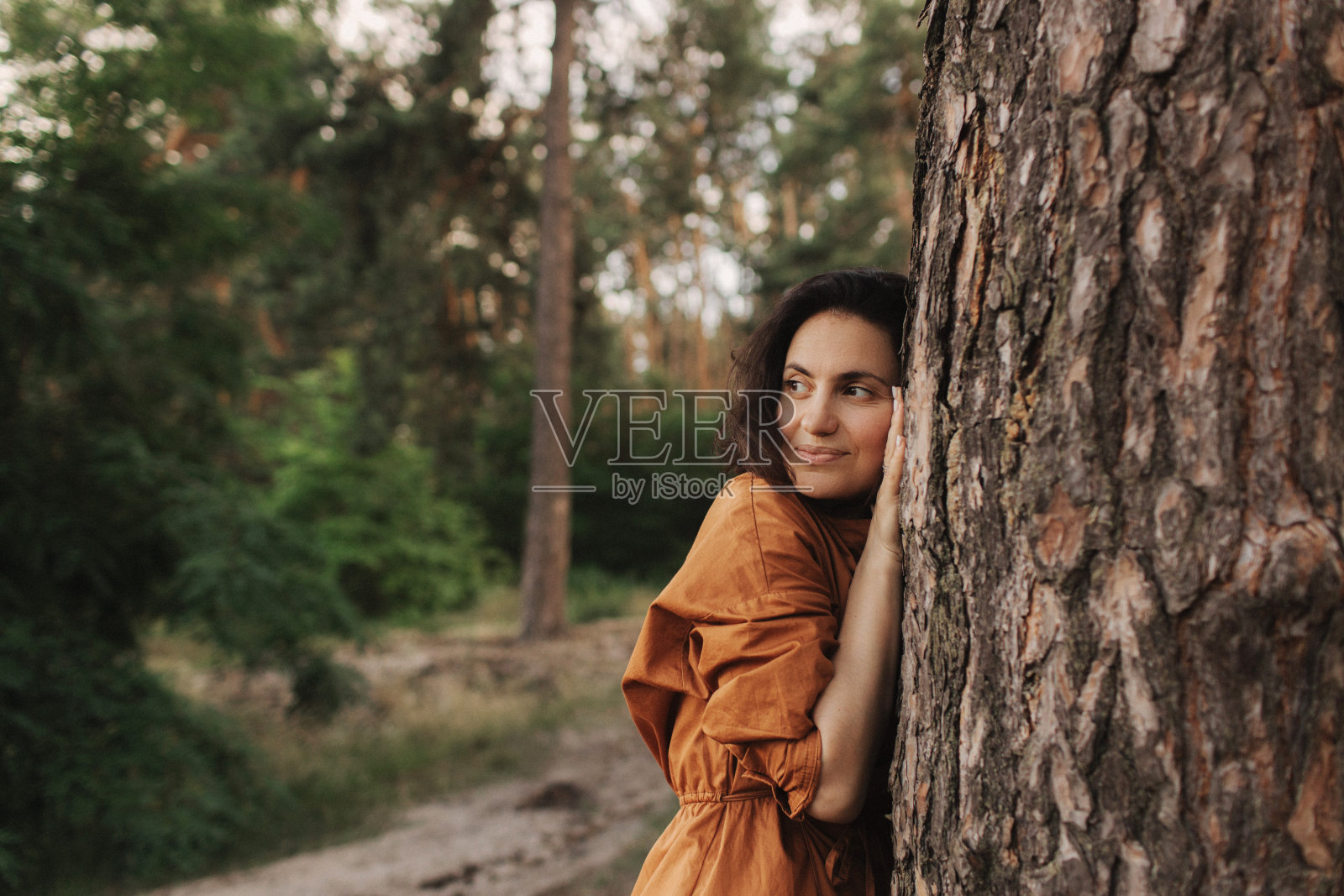 快乐的成年女士在户外休闲公园活动中拥抱树干。环境和环境自然关怀的概念。人们热爱地球,停止砍伐森林的生活方式照片摄影图片