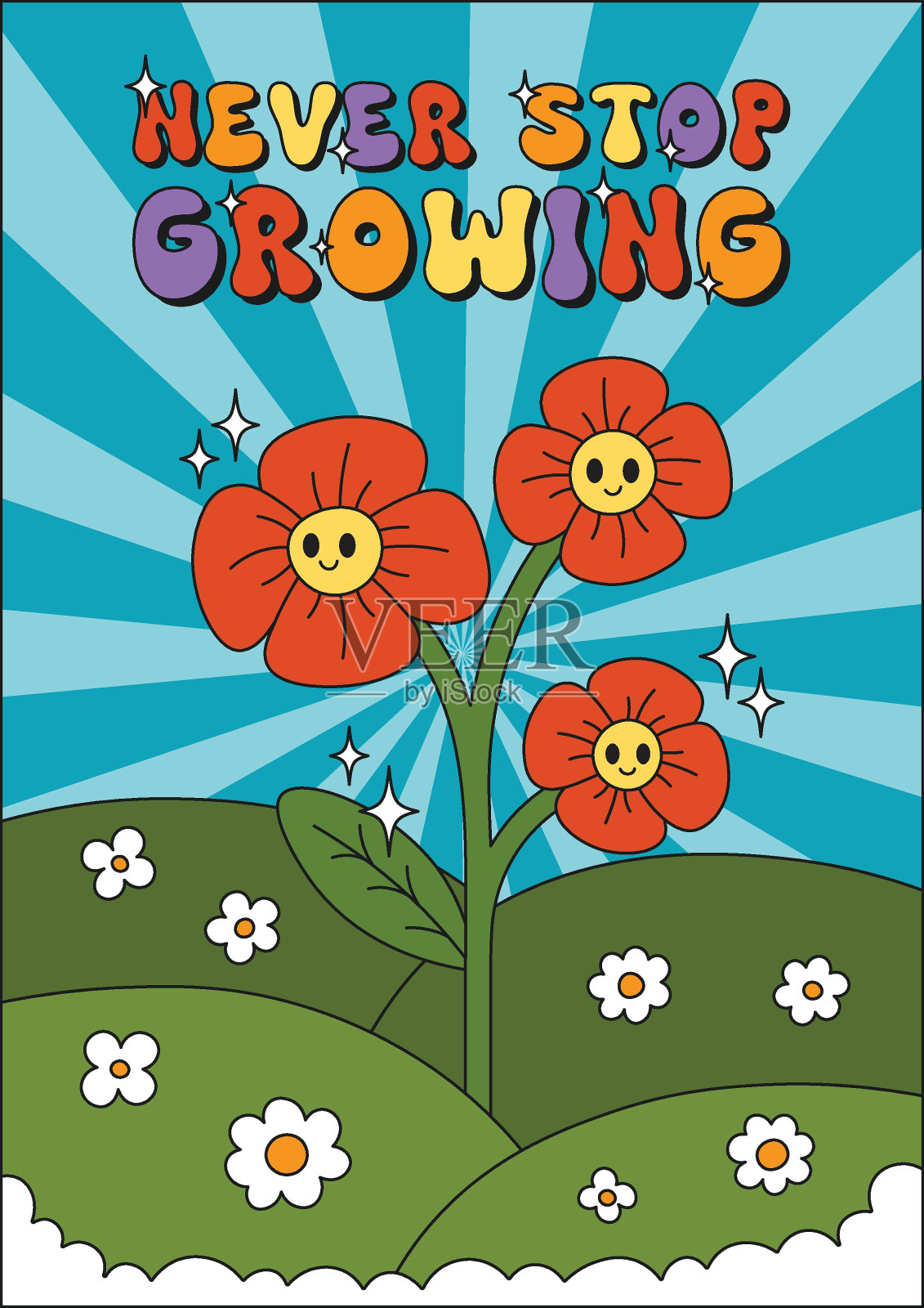 绝妙的花朵海报。时尚的植物花卉卡片,明信片在时尚的复古迷幻嬉皮士70年代80年代的风格。矢量插图与天空和雏菊。插画图片素材