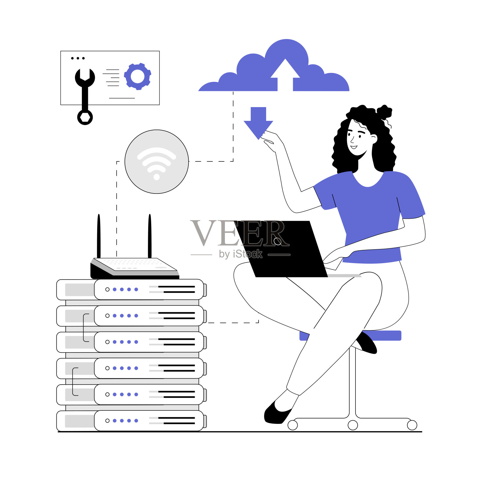 无线互联网连接技术。Wifi通讯小工具连接互联网网络。矢量插图与线的人的网页设计。插画图片素材