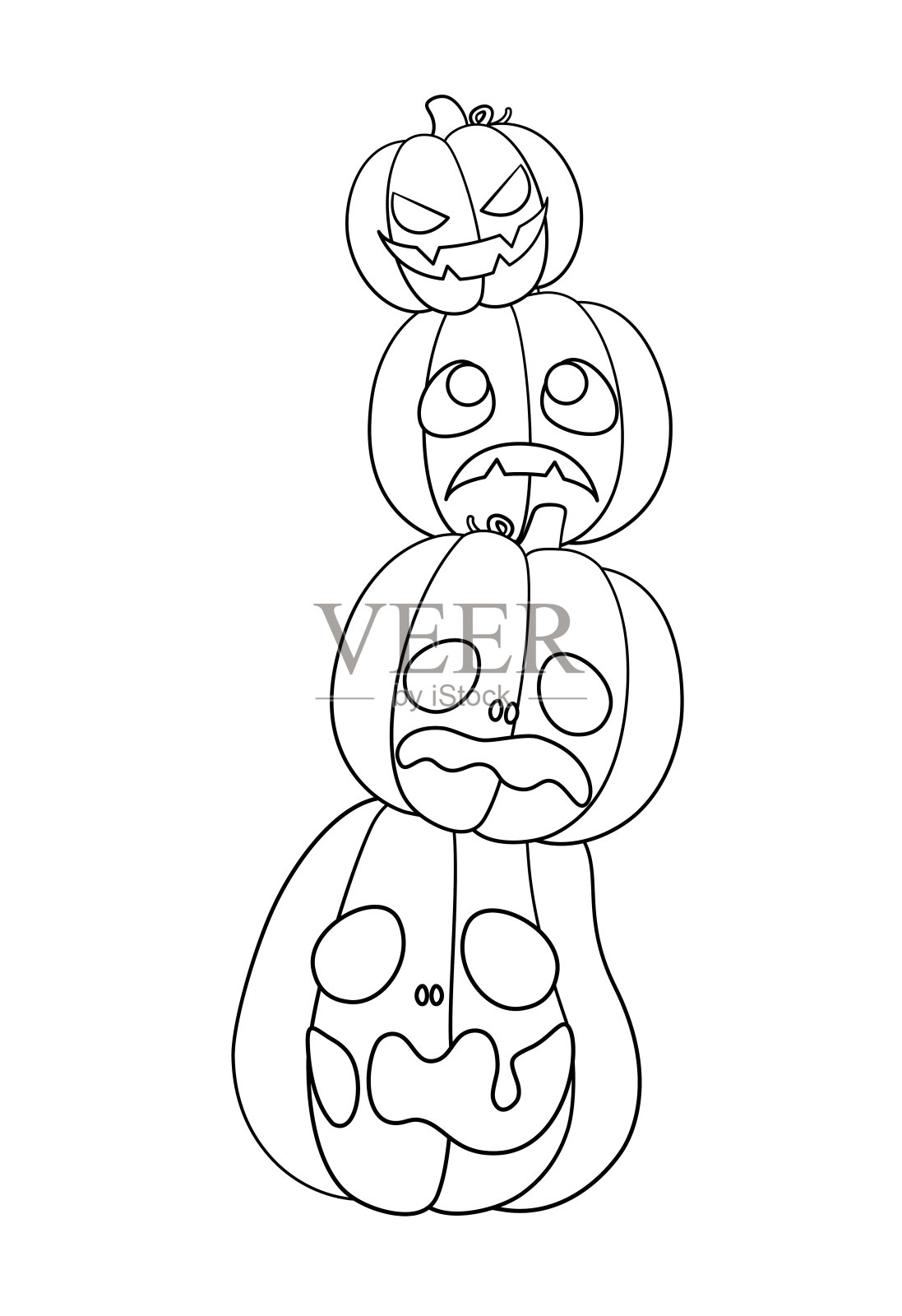 堆叠杰克O灯笼轮廓线艺术,可爱的万圣节南瓜,令人毛骨悚然的幽灵容易涂色书页的孩子插画图片素材