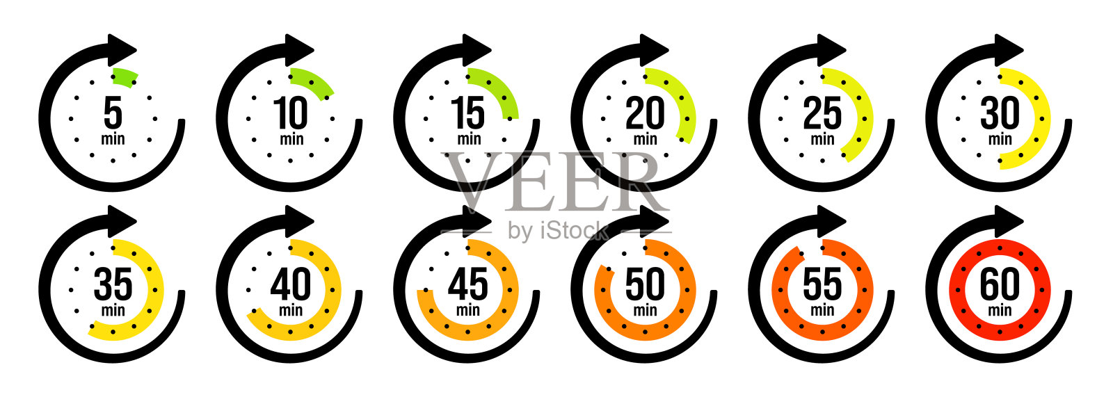 秒表图标与指针箭头。彩色计时器,带表盘的时间计数器。倒计时时间,小时和分钟。截止日期,运动测量。烹饪时间标签,贴纸。矢量图插画图片素材