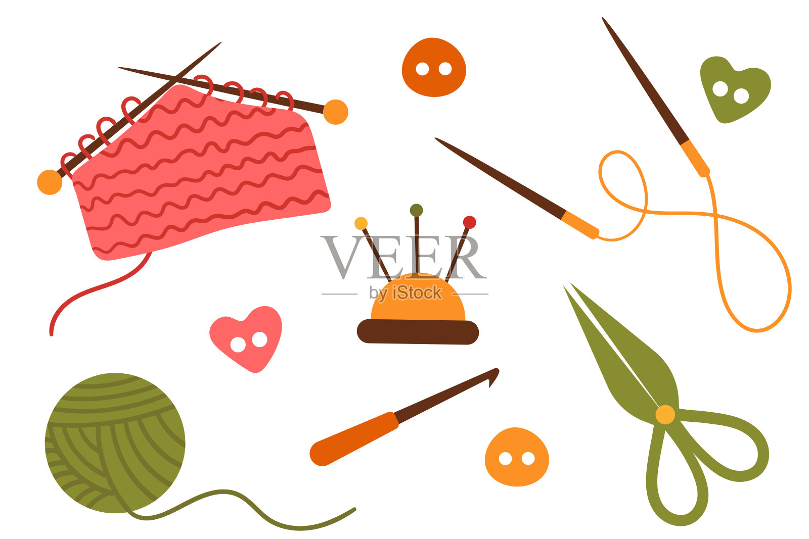 针织工具钩针编织卡通风格。毛线球手工纺织面料爱好工艺品插画图片素材