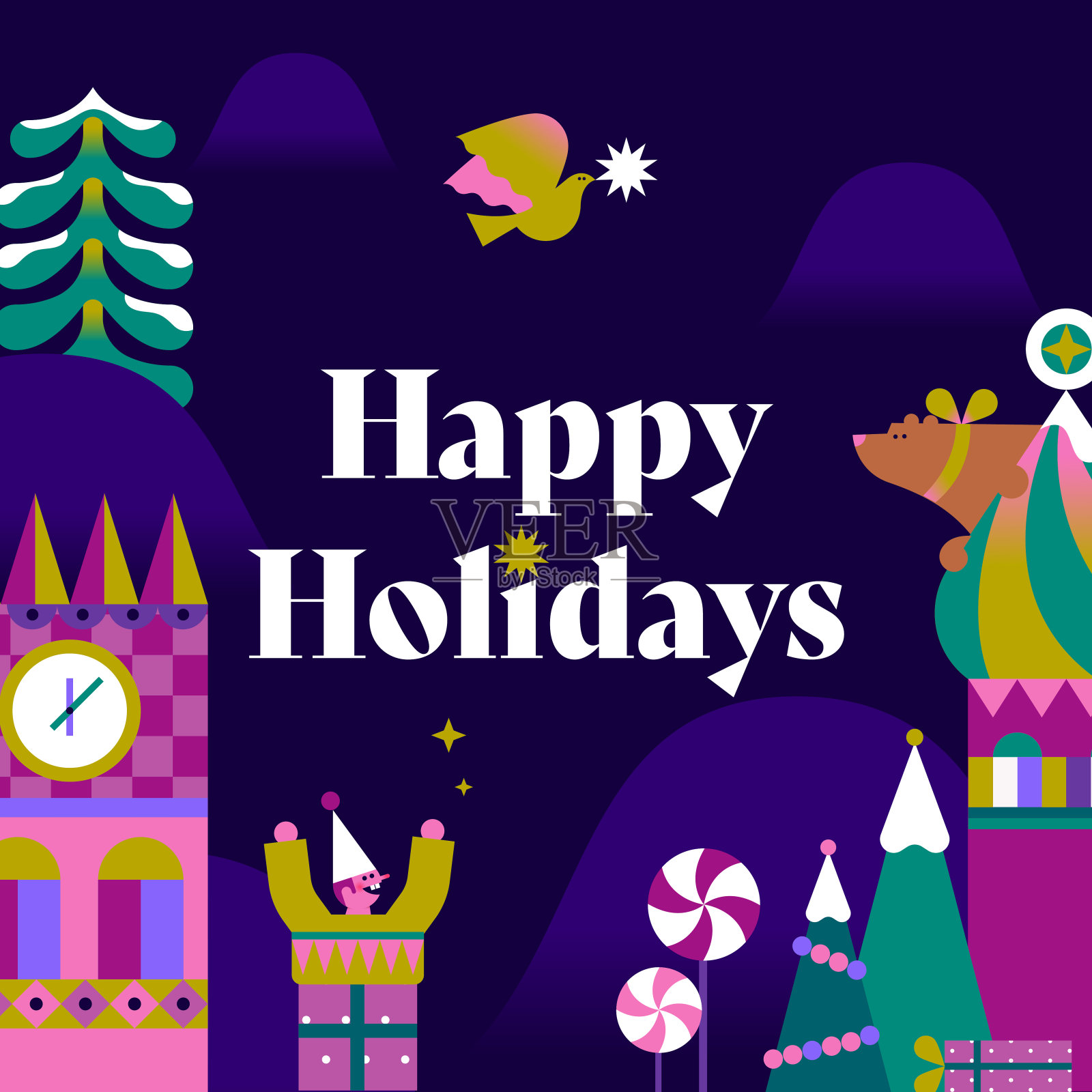 节日快乐的横幅,村庄,雪花,礼物,圣诞树,小熊和小精灵插画图片素材