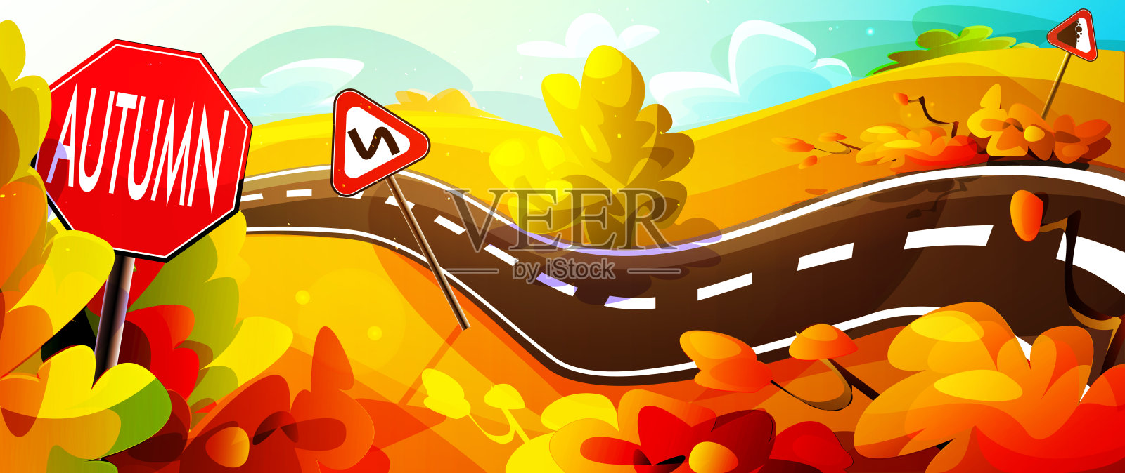 你好,卡通风格的秋天。黄色的小货车载着落下的熟透的南瓜行驶着,映衬着乡村道路上的秋景,道路上有警告标志。插画图片素材
