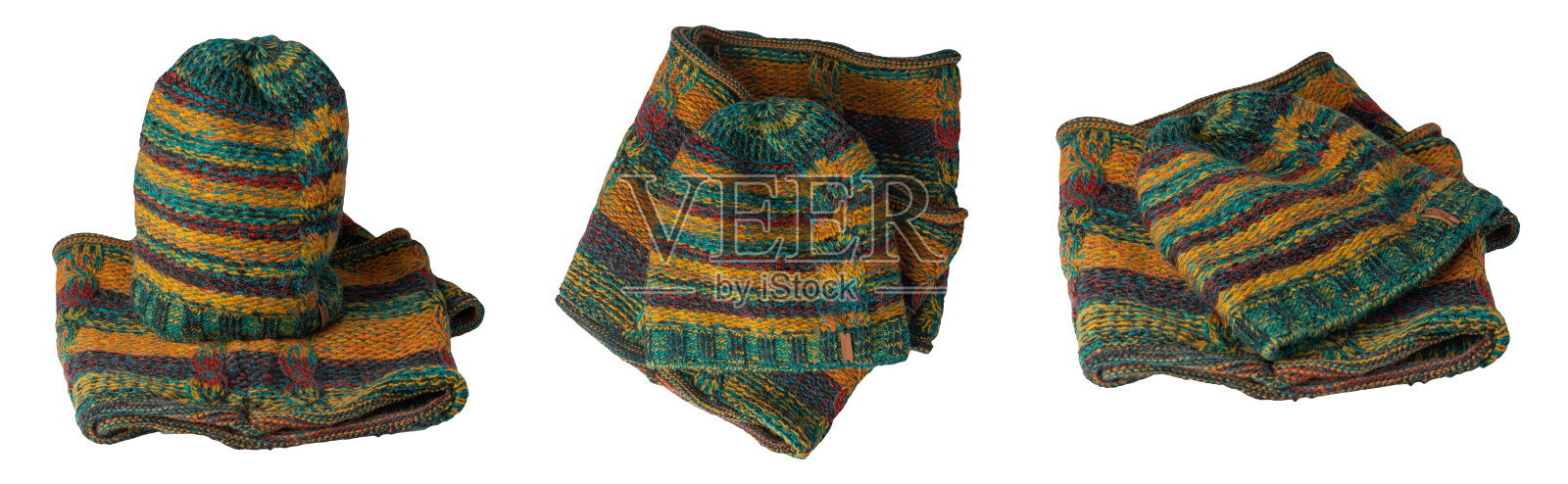 一套帽子和围巾孤立的白色背景。暖冬配件照片摄影图片