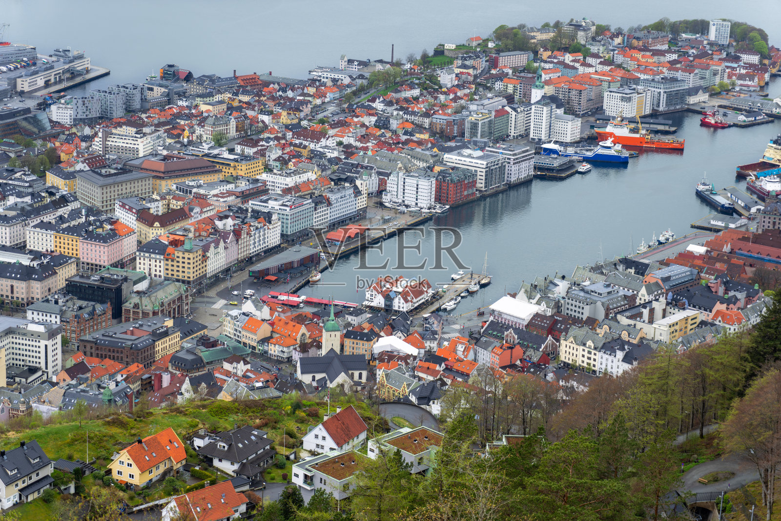 卑尔根及其峡湾全景。照片摄影图片