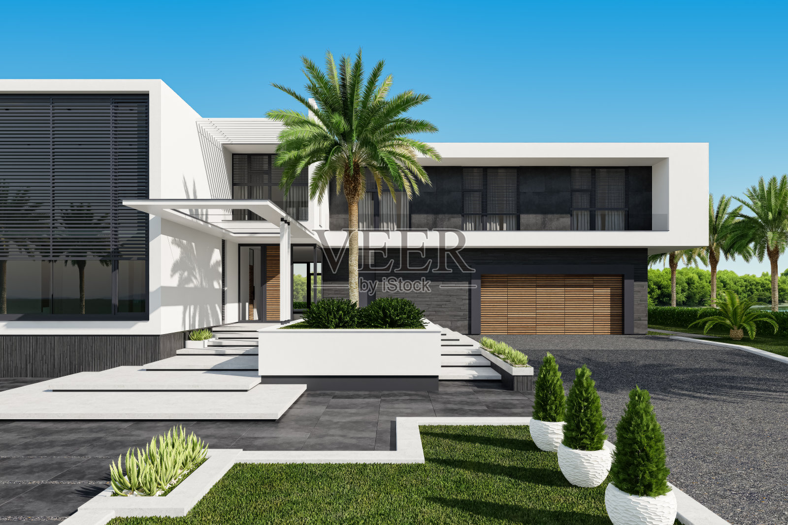 现代别墅入口立面当代建筑设计,带花园照片摄影图片