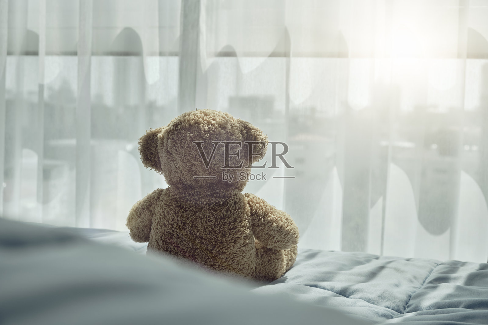 泰迪熊在家里的床上照片摄影图片