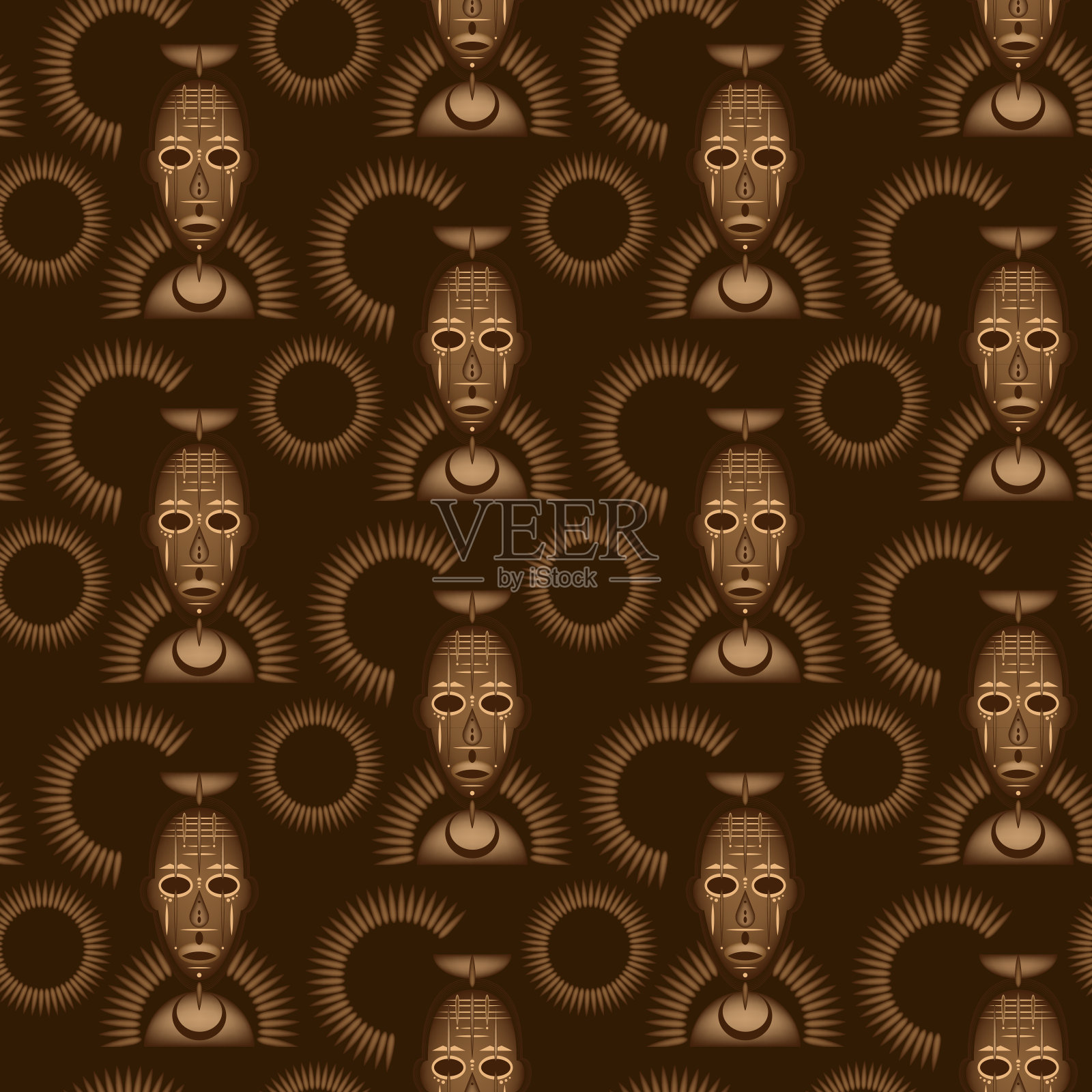 无缝非洲背景,民族部落面具图案,野蛮人的原始仪式面具。复古非洲艺术设计的纹理。棕色的阿兹特克印第安玛雅墨西哥传统土著文化插画图片素材