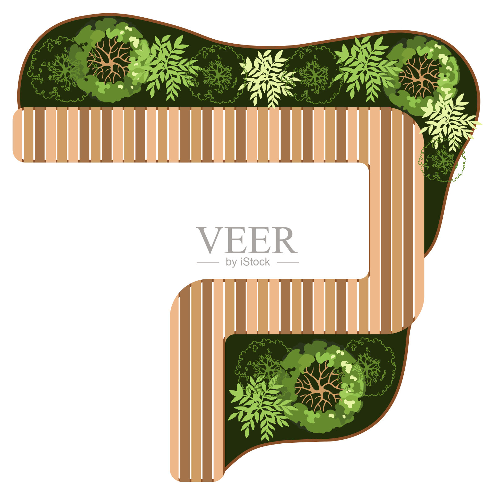 长凳俯视图为建筑景观平面图。有树和绿色的长凳。随行人员设计。向量。插画图片素材