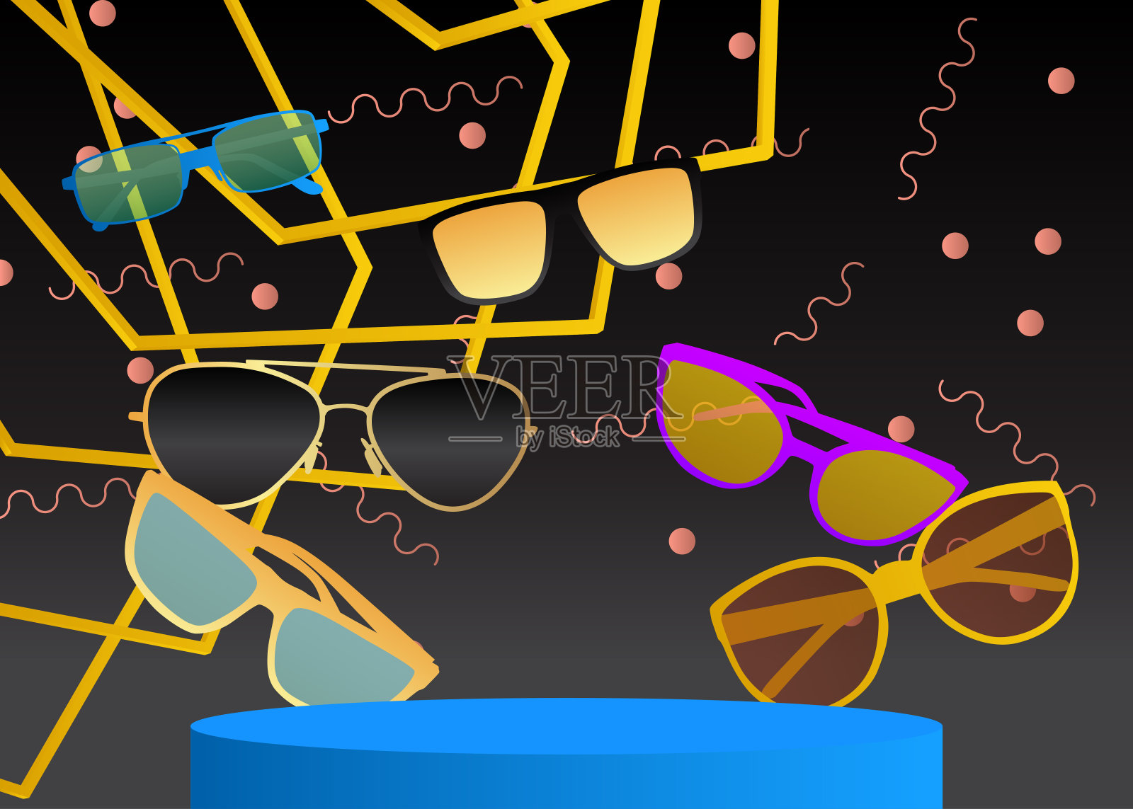 样机产品展示与太阳镜。矢量圆柱基座基座基座。舞台展示。最小几何形式。插画图片素材