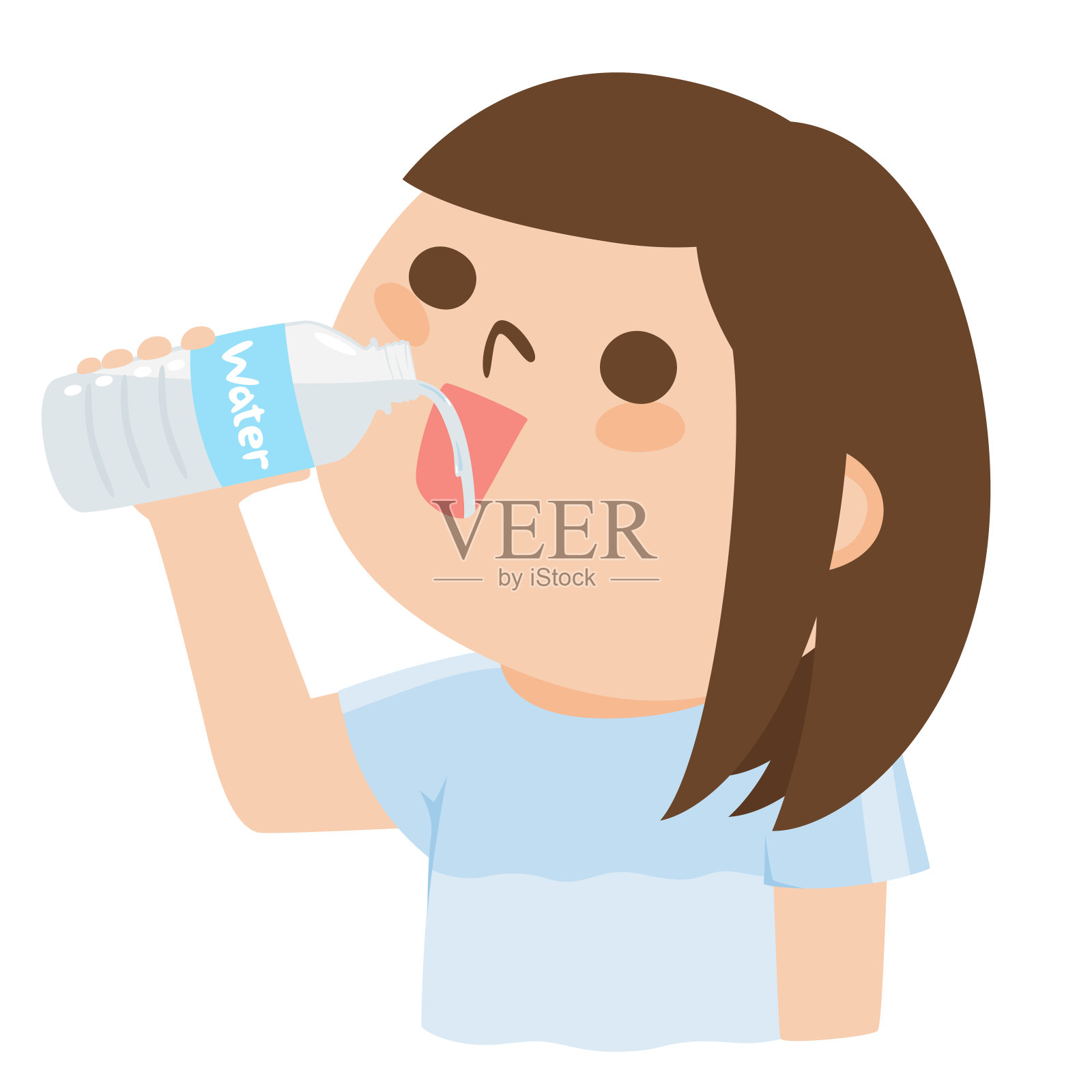 一个年轻女子喝矿泉水的插图,没有把嘴放在塑料瓶上。插画图片素材