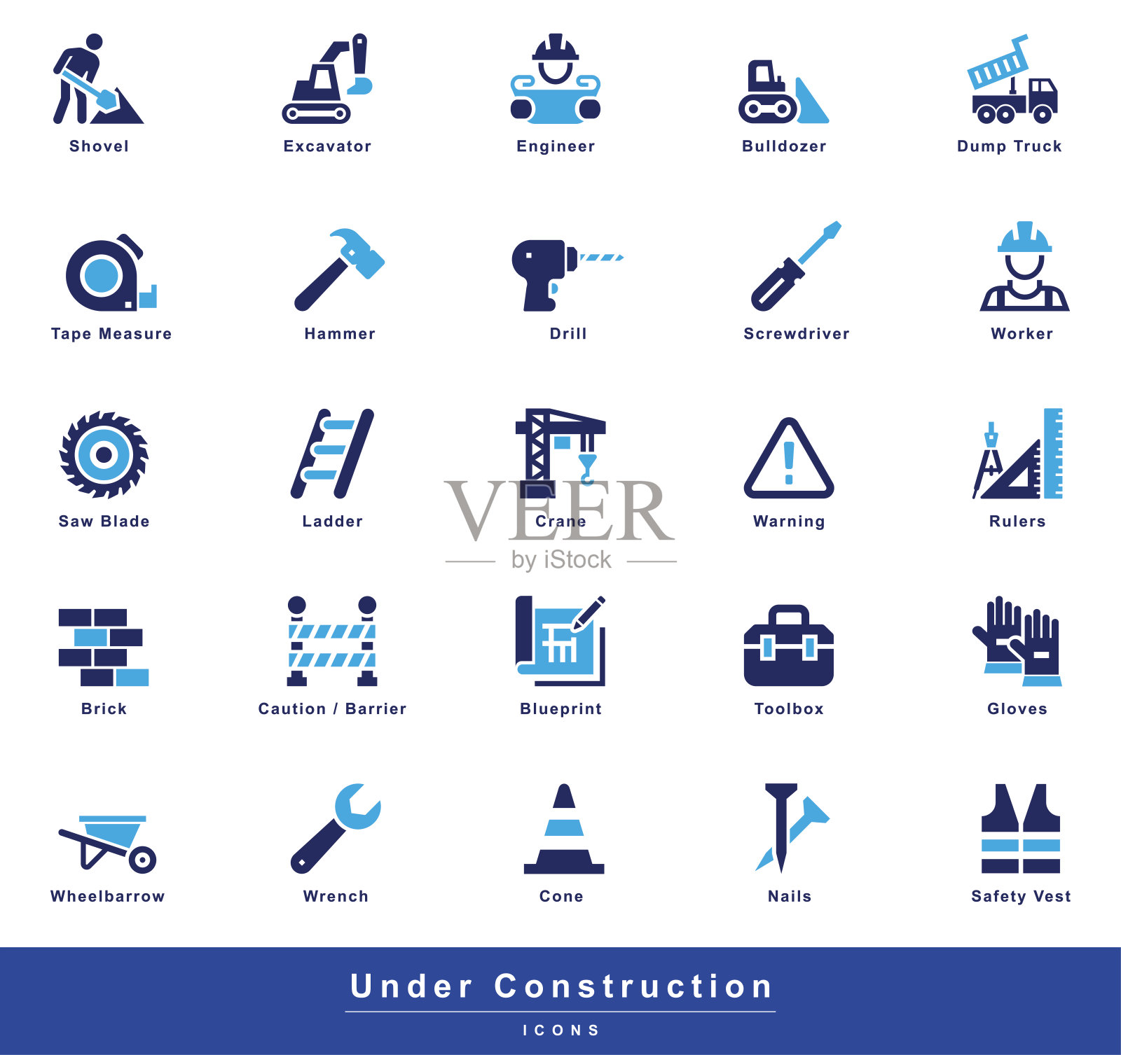 在建设字形图标。相关设备,工人,锥体,锤子,扳手,螺丝刀,工程师,工具箱,警示牌,护栏,警示牌,起重机,挖掘机,推土机,砖,梯子,蓝图,安全插画图片素材