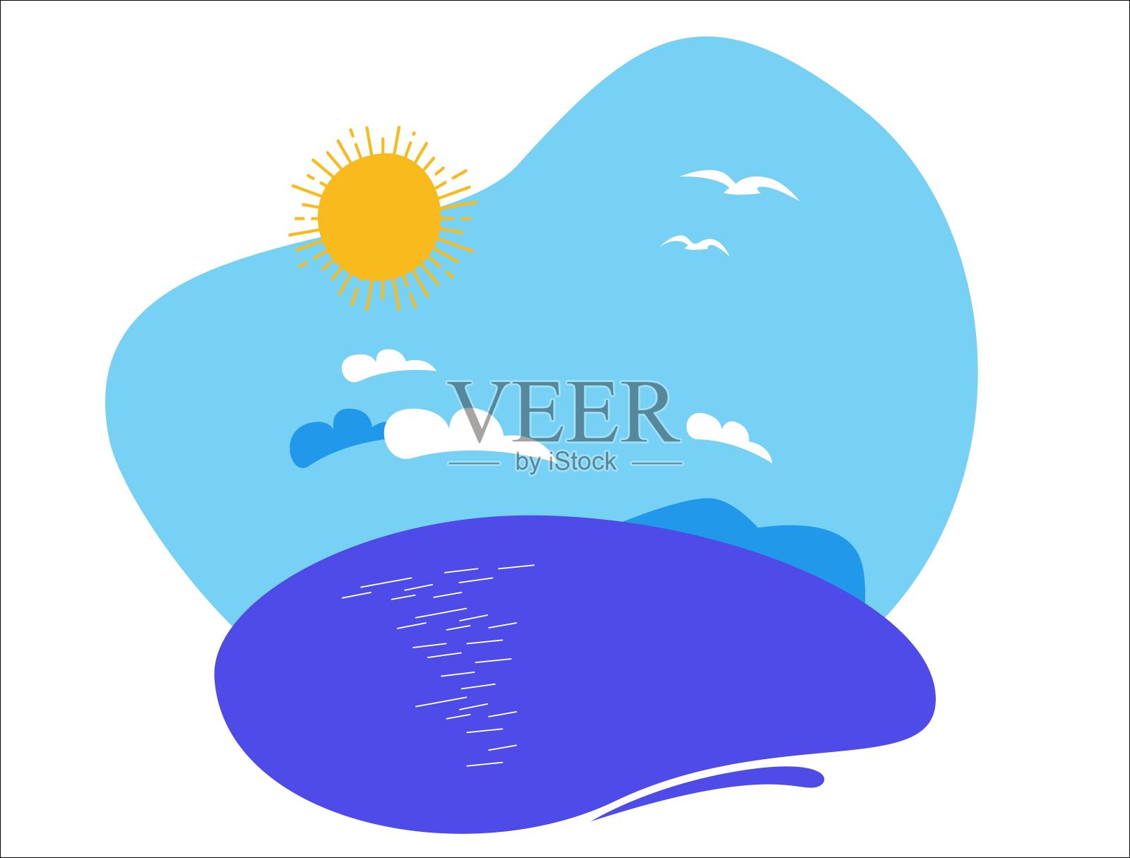 阳光明媚的日子里,大海明亮的插图。阳光照耀着碧蓝的水面,白云,天空中海鸥飞舞。简单,色彩丰富的设计插画图片素材