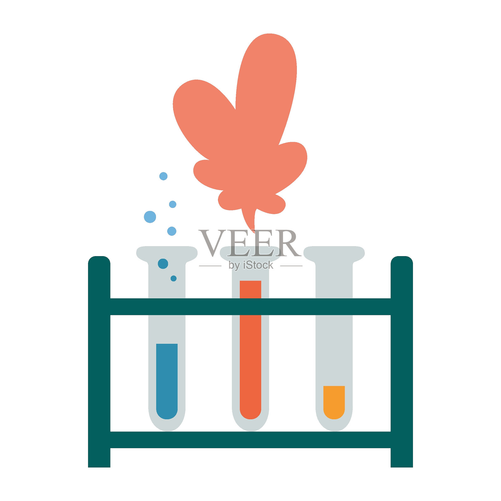 3个实验室试管在一个支架上有不同颜色的液体和反应,用于化学实验的设备。科学研究。矢量插图孤立的白色,手绘,平面设计插画图片素材