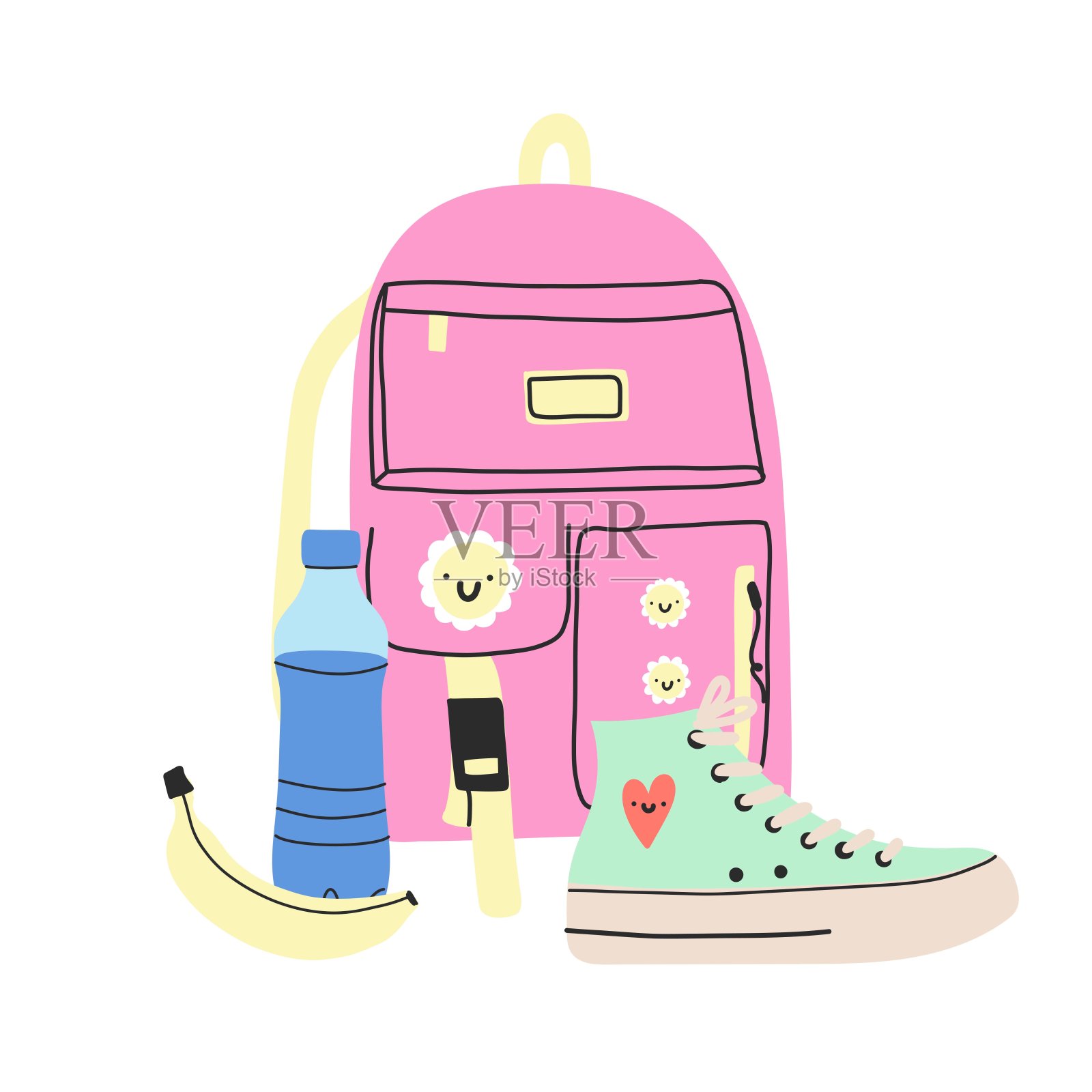 学校的背包。可爱有趣的图案学生包和靴子,80年代90年代风格的学生或学生背包和马克笔。现代当代新潮孤立的青少年元素矢量卡通平面设置插画图片素材