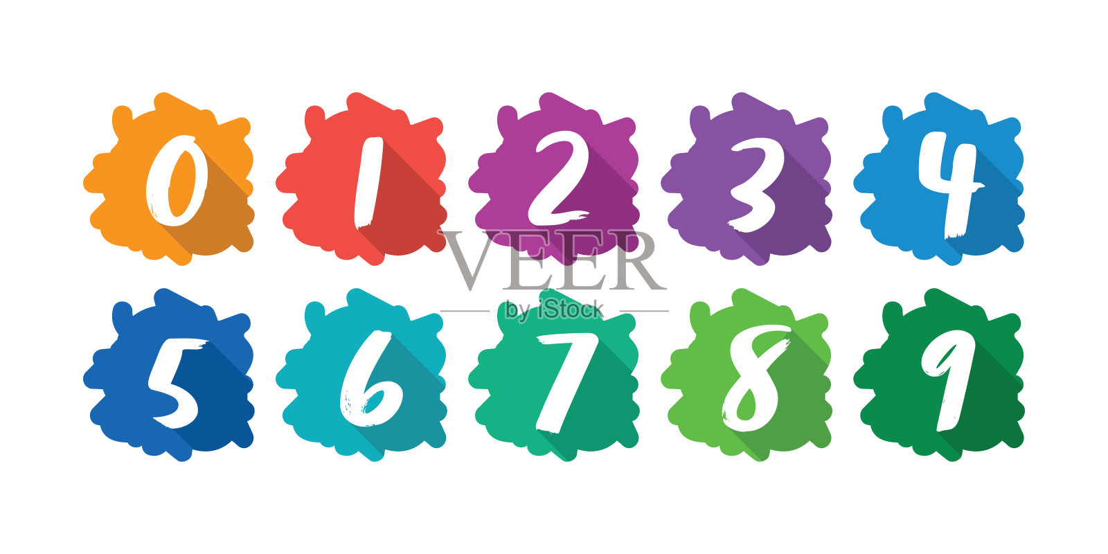 0-9阴影和彩色数字。白色背景上的彩色数字插画图片素材