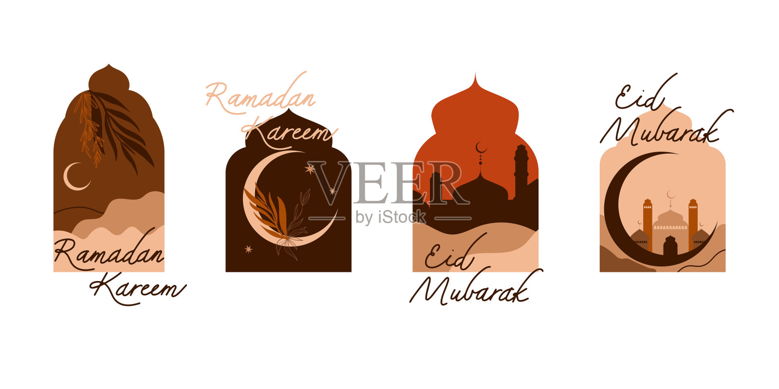 伊斯兰拱。斋月卡里姆,开斋节海报,贴纸或卡片。穆斯林的宗教节日。框架与月亮,沙漠和建筑。晚上的风景。阿拉伯清真寺的塔楼。矢量插图集插画图片素材