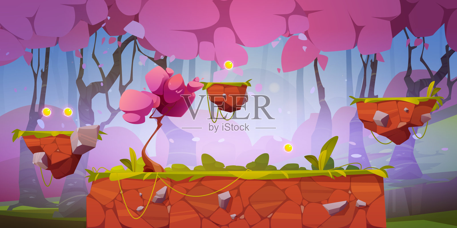 游戏背景为粉色森林,浮动平台插画图片素材