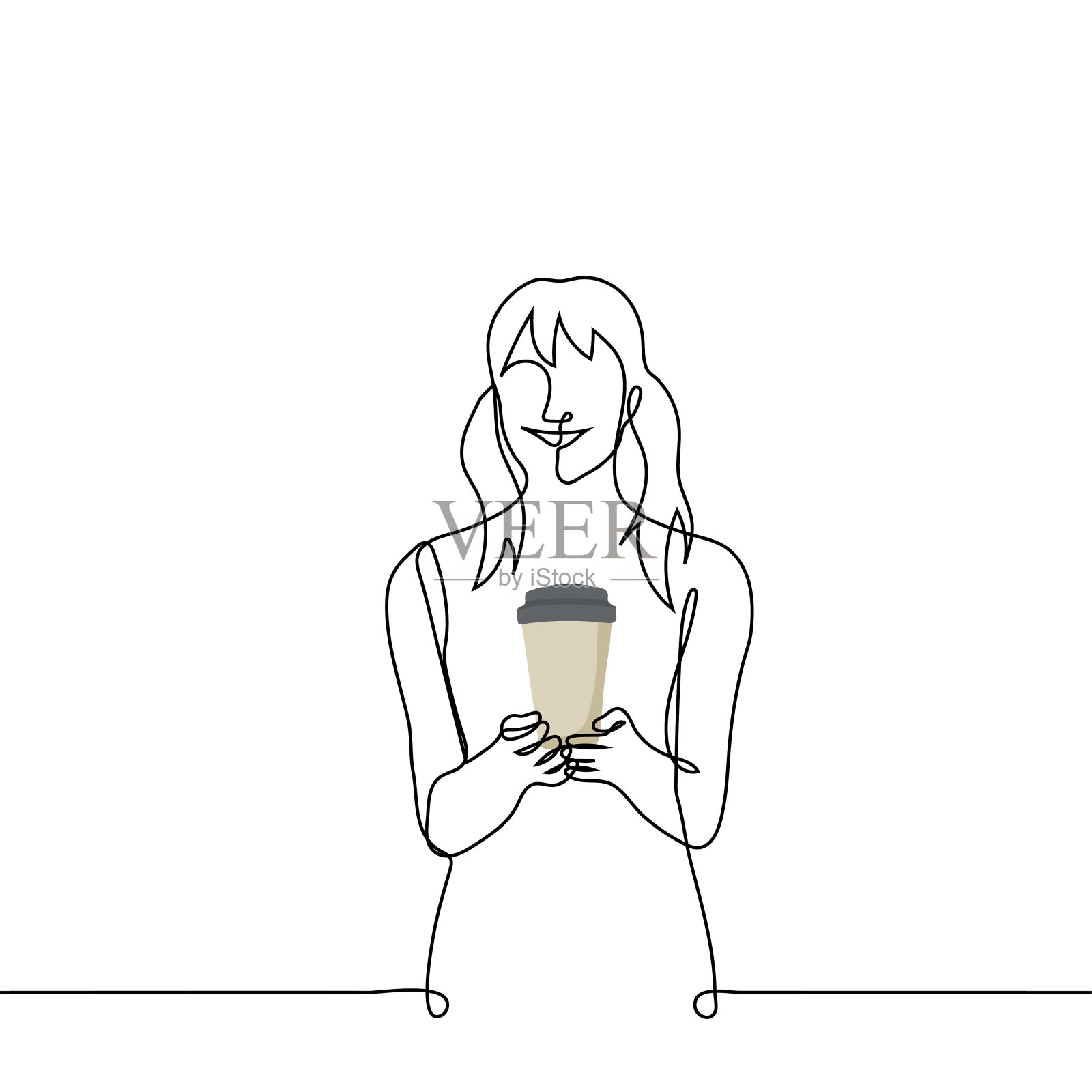 年轻微笑的女人拿着咖啡走-一行画矢量。概念最爱的咖啡店,去咖啡,请客喝咖啡插画图片素材