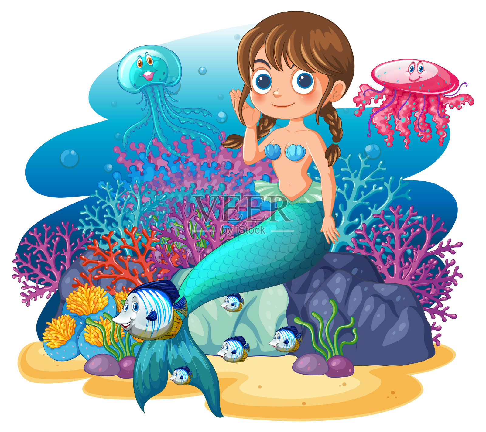 珊瑚礁里的美人鱼、鱼和水母插画图片素材