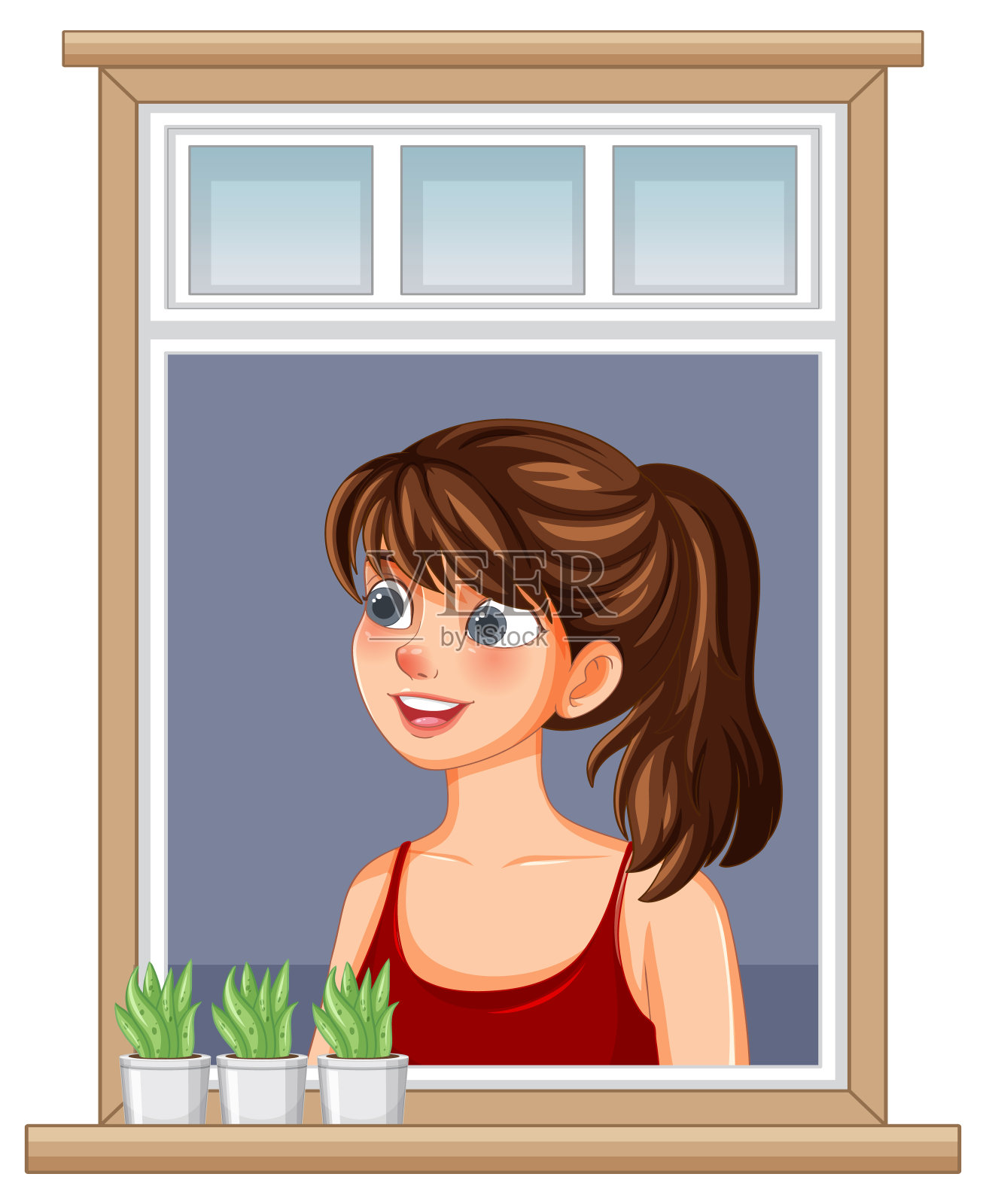 窗边穿红衣服微笑的女人插画图片素材