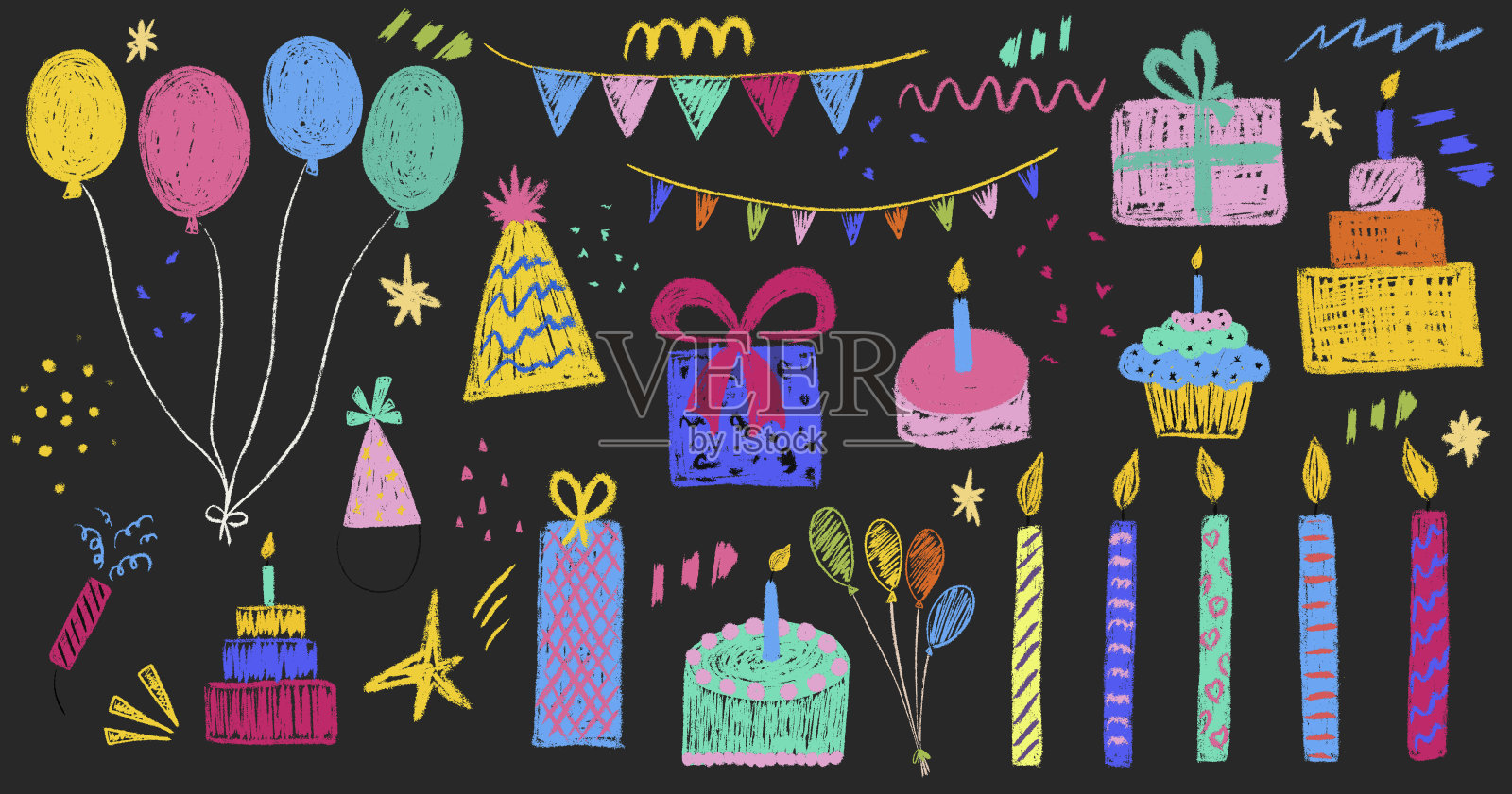 派对小朋友粉笔手绘大套装。装饰喜庆的生日节日用品:蛋糕、蜡烛、礼品盒、气球、花环、帽子。铅笔徒手隔离矢量插图集合插画图片素材