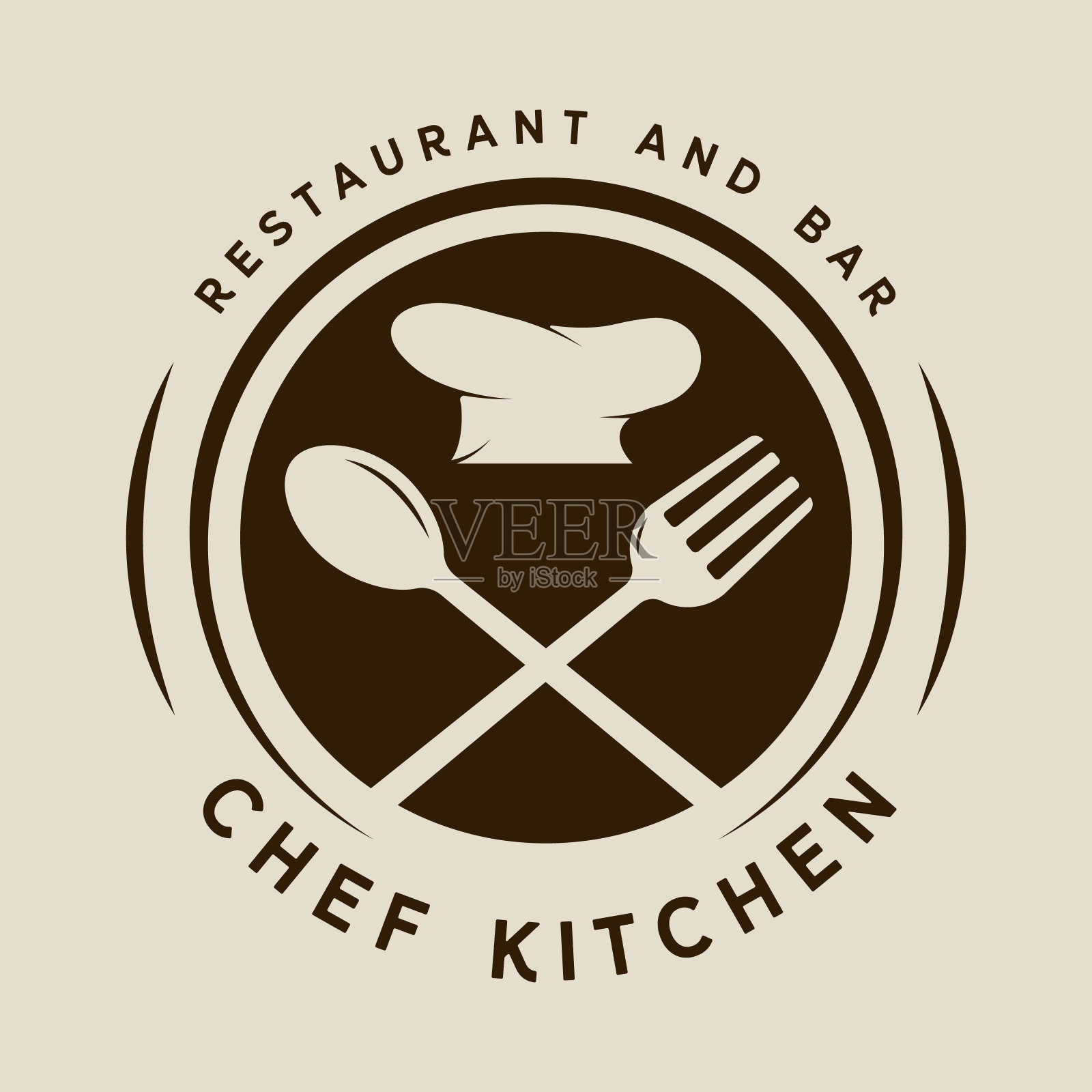 帽子厨师叉子和勺子标志复古矢量插图模板图标图形设计,厨房和餐厅标志或标志与圆形徽章和复古排版自助餐厅商业食品插画图片素材