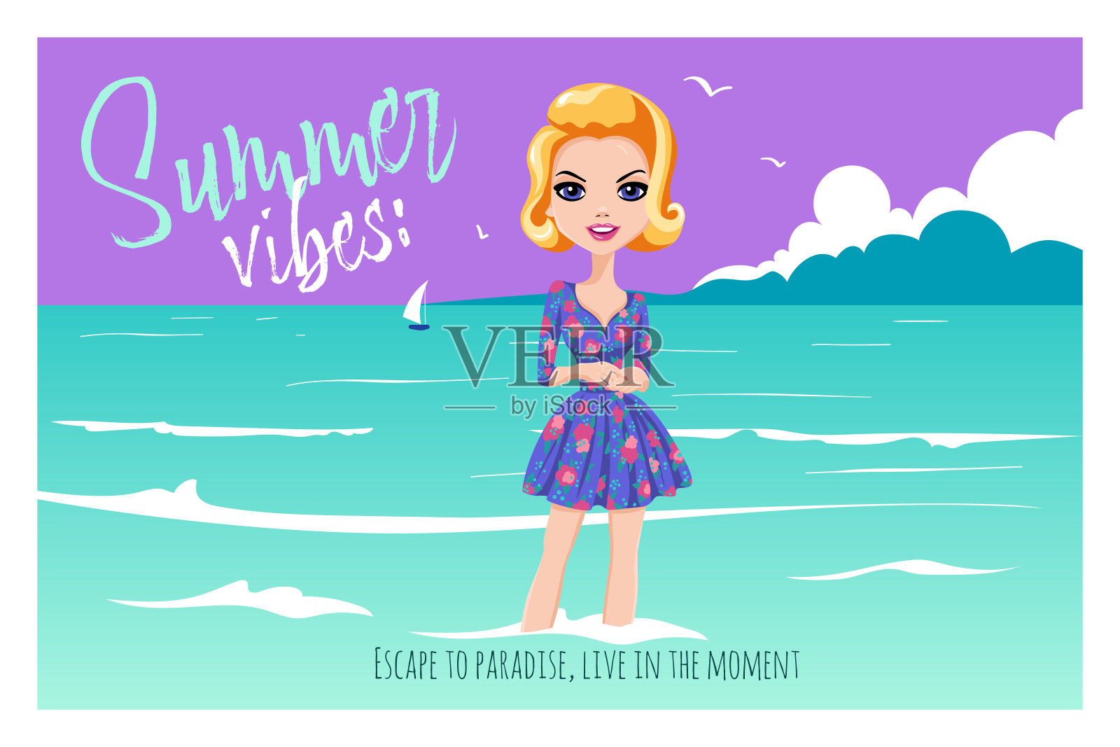 夏日旅游的概念与女孩在海滩上插画图片素材