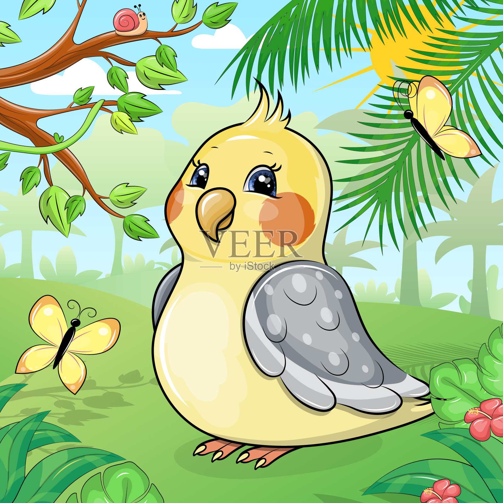 可爱的卡通鹦鹉在大自然。插画图片素材