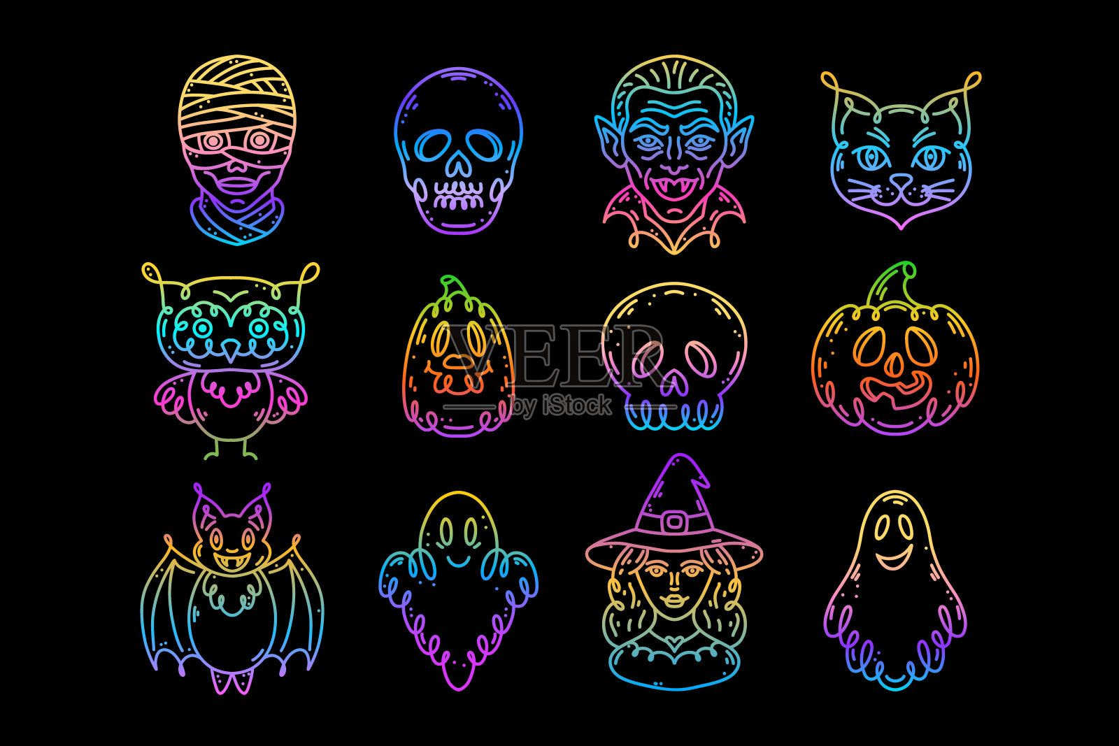 一组图标在涂鸦风格上的主题万圣节假期。渐变颜色。插画图片素材