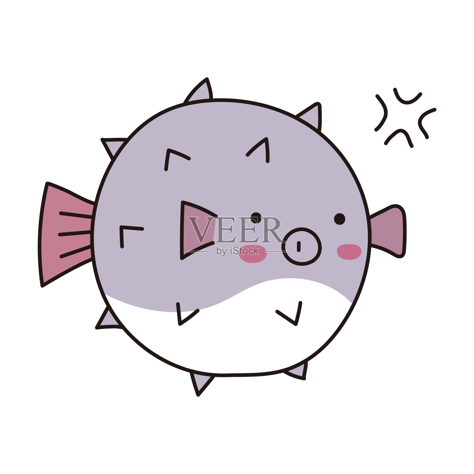 一条紫色的河豚宝宝非常生气,它像气球一样膨胀起来插画图片素材