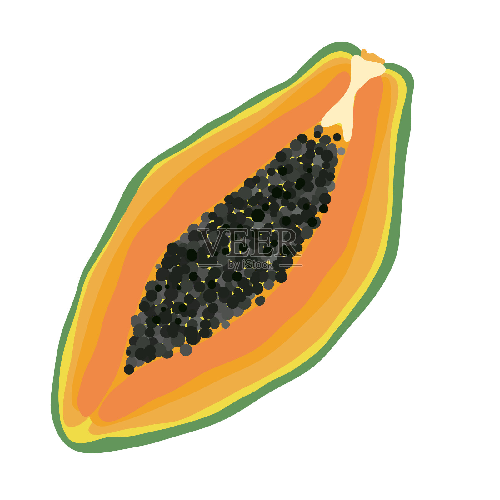 成熟的半木瓜,带种子,风格幼稚。风格化的木瓜孤立在透明的背景。热带奇异水果矢量插图插画图片素材