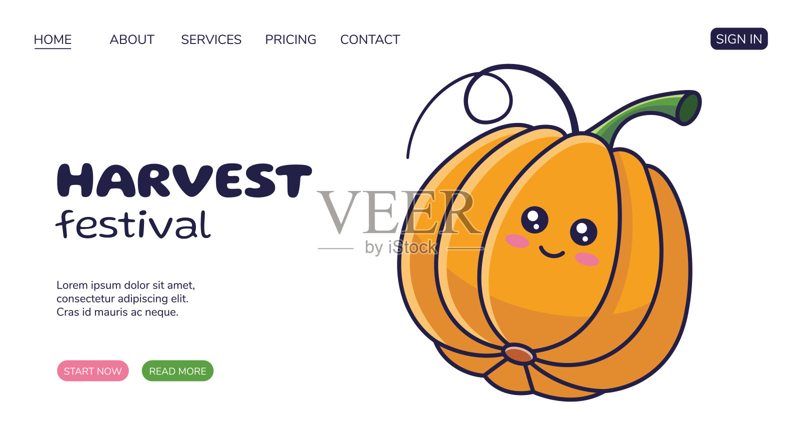 丰收节网站,网页设计以卡哇伊南瓜为特色。平面设计。农贸市场概念。插画图片素材